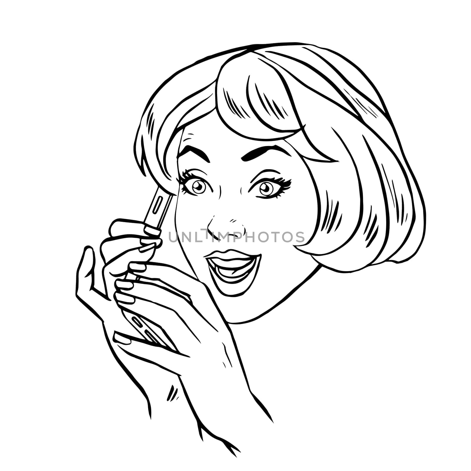 Young woman talking on smartphone retro line art graphics