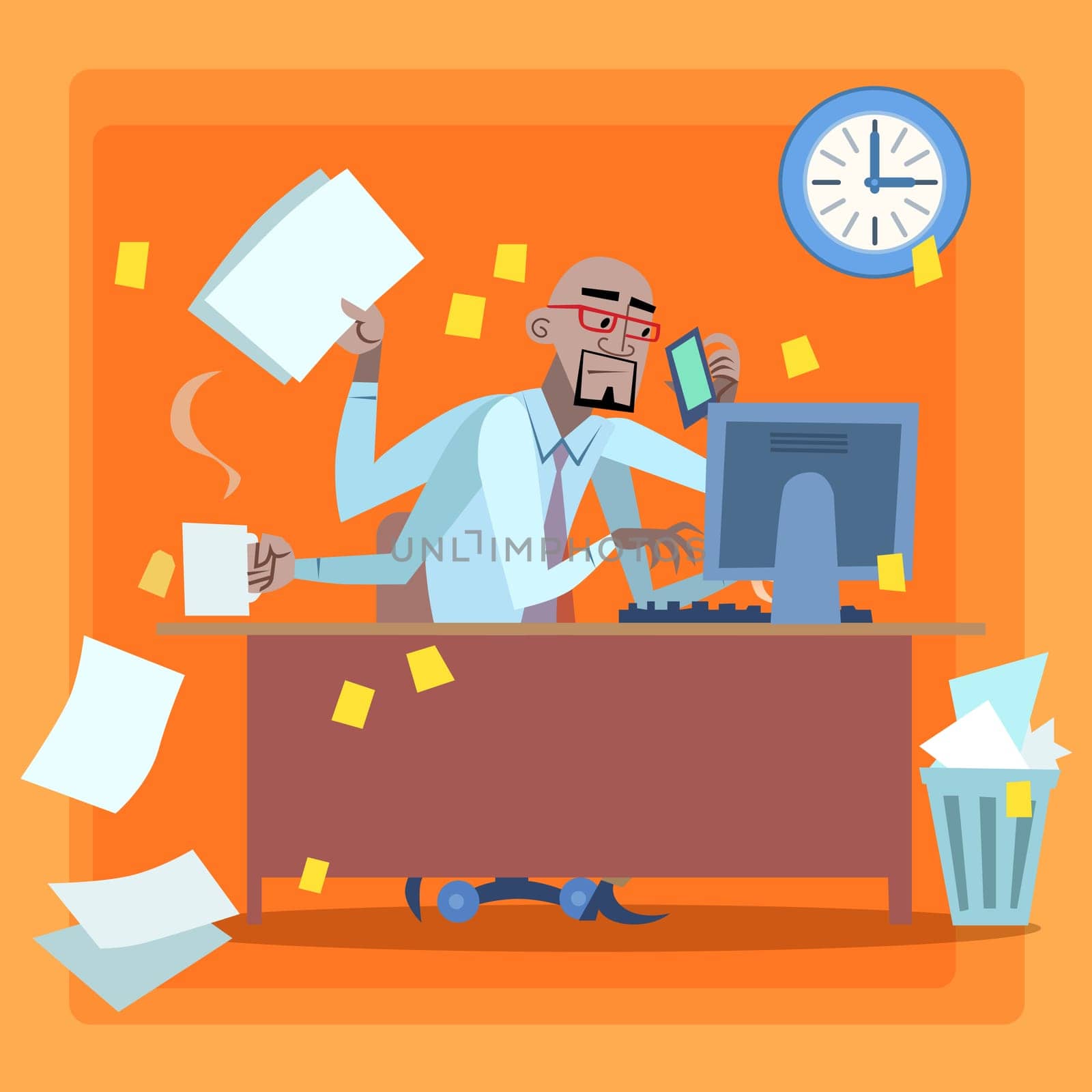 African businessman loaded with work time management. Black man loaded a lot of things in the office