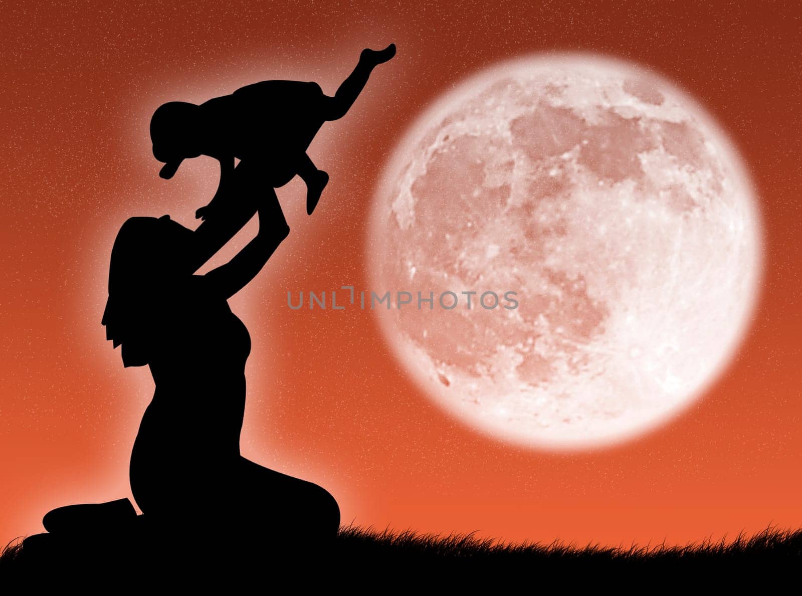 Mother and son in silhouette against the moon