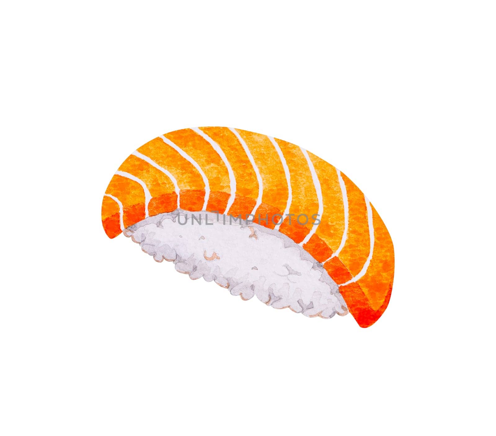 Salmon nigiri sushi, Japanese food. Watercolor hand drawn illustration isolated on white background.
