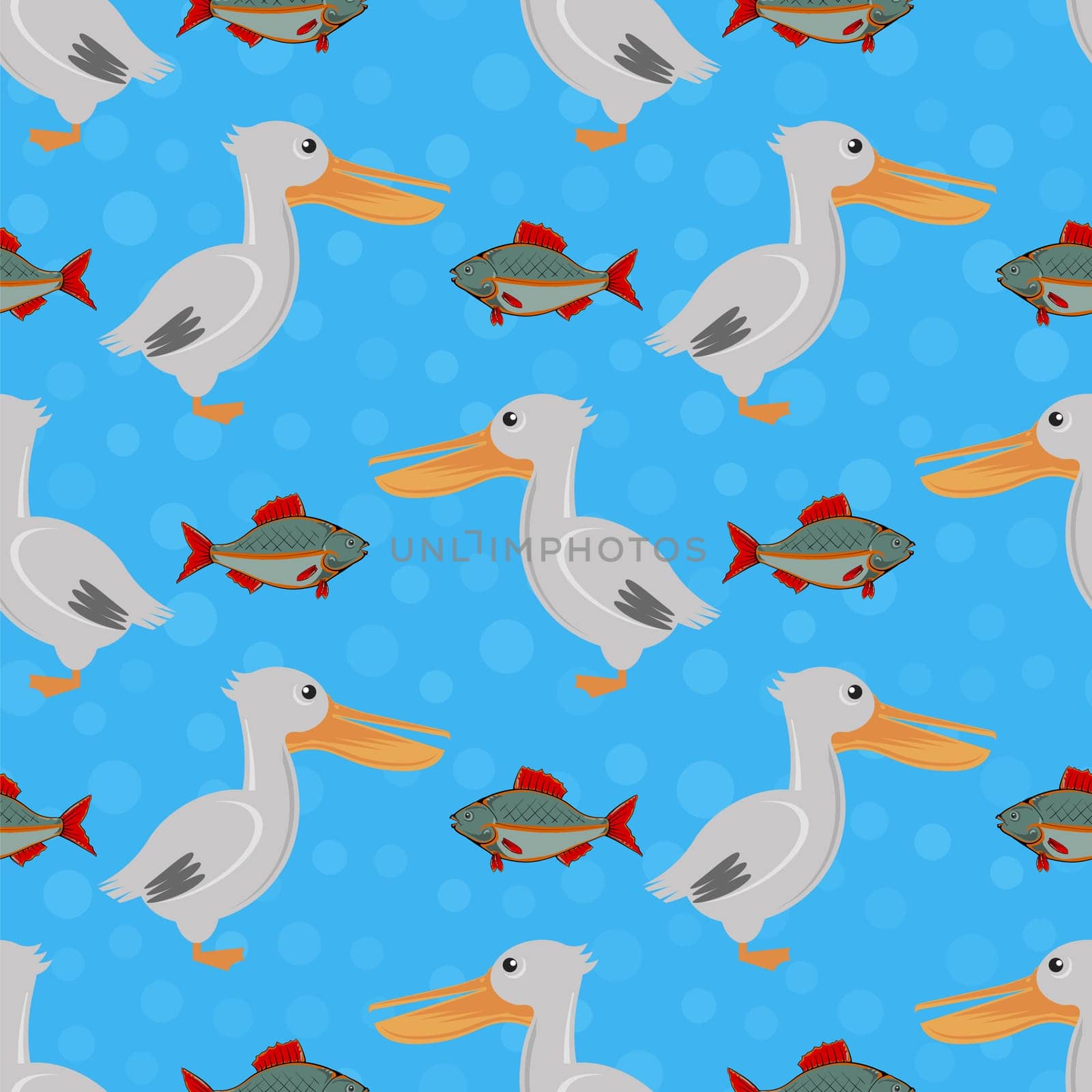 Pelican and Fish Icons Isolated on Blue Background. Exotic Tropical Bird Seamless Pattern.