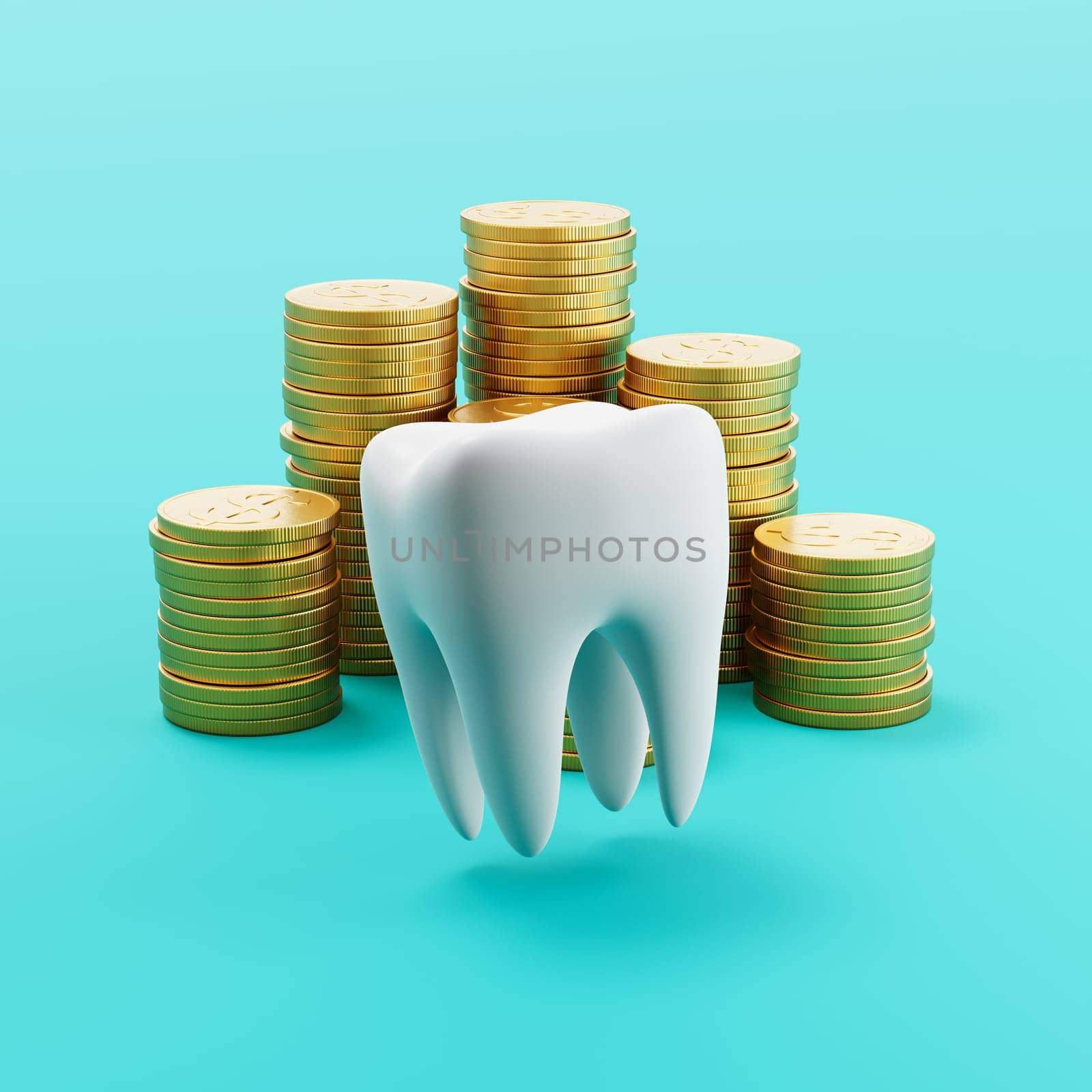 Single White Tooth ahead of Stacks of Golden Coins on Blue Background 3D Render Illustration