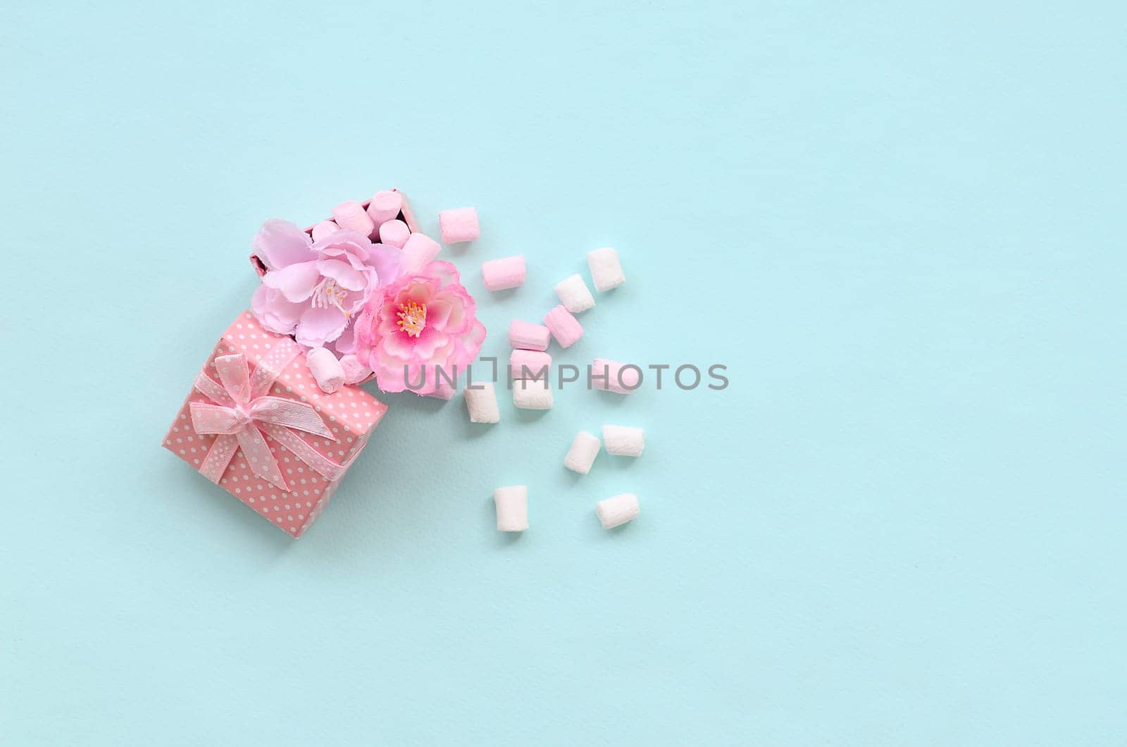 Flowered pink gift box sprinkled with marshmallows on blue background. Metaphorical concept processing and cultivation of flowers. Minimalism flat lay. Top view