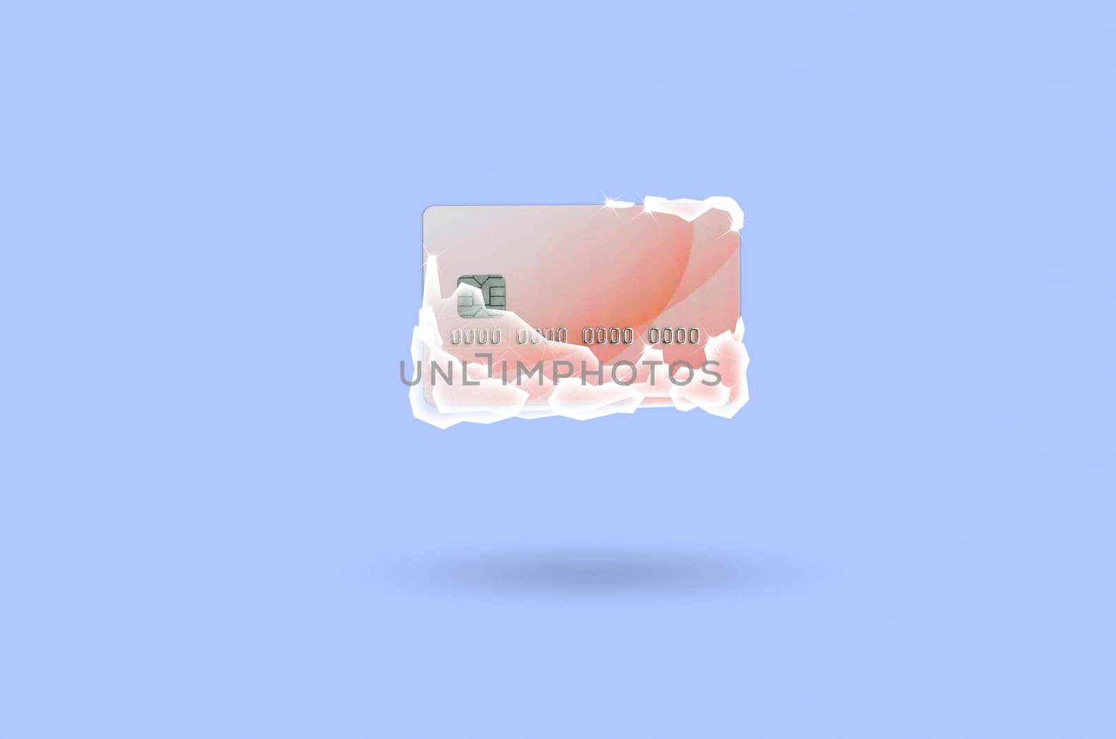 Frozen red credit card in a blocks of ice on lilac background. The concept of instant freezing of a credit card or bank account for security purposes.