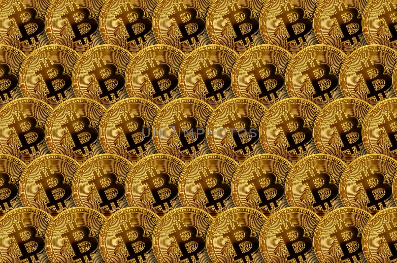 Pattern of many golden bitcoins. Background image for cryptocurrency Internet resources. Mining concept