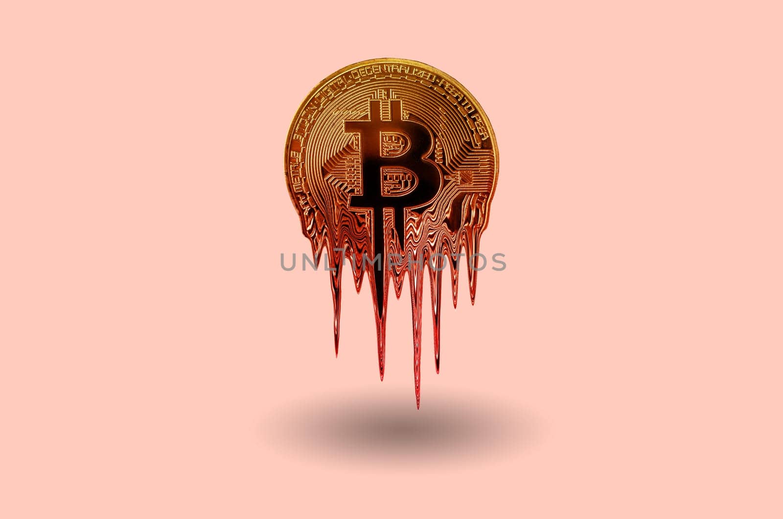 Melted bitcoin metal golden coin is melting on pink background. Hot price or value and high exchange rate of crypto currency. Crisis and fall to lose investments due to financial risk