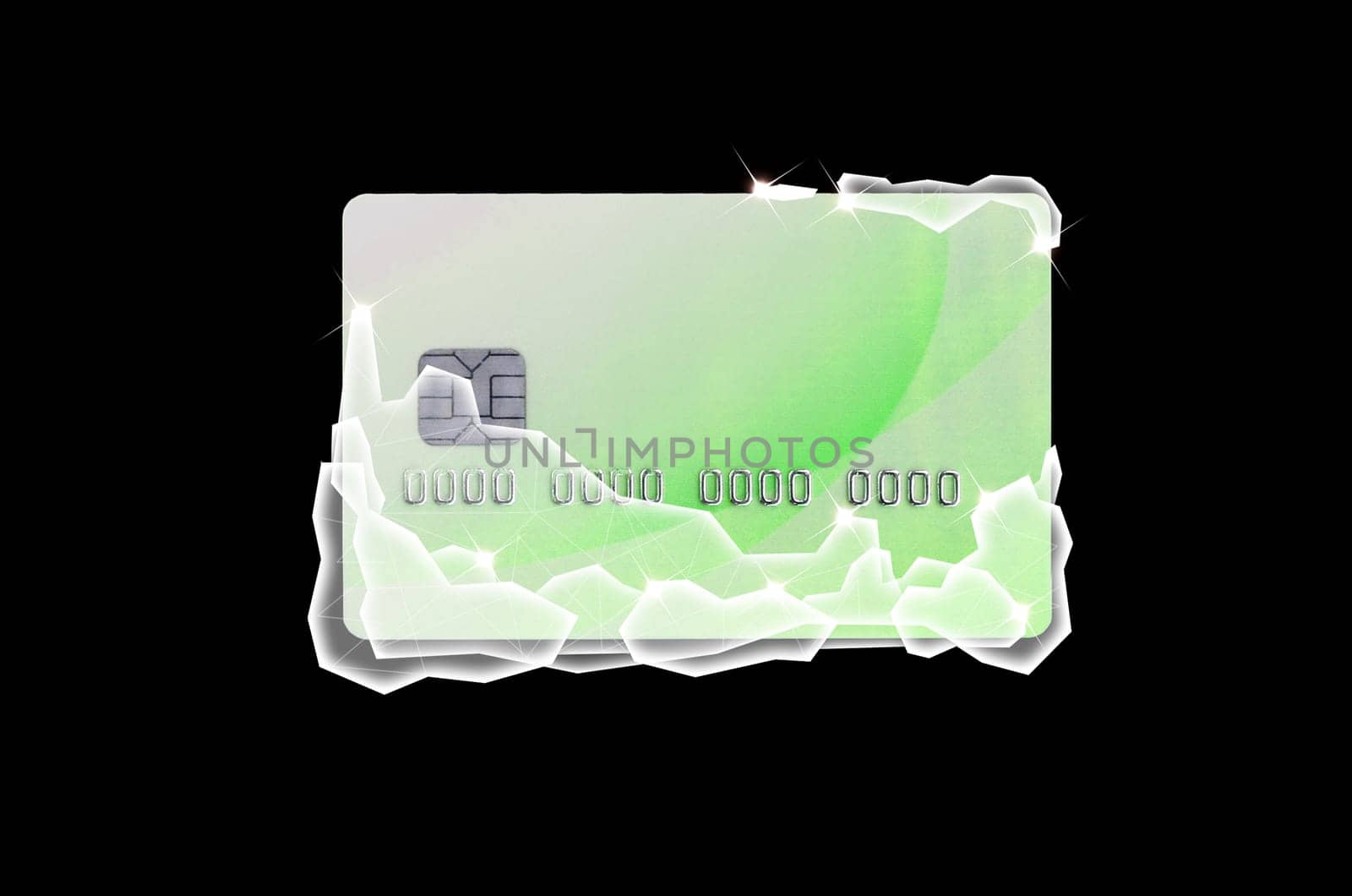 Frozen green credit card in a blocks of ice isolated on black background. The concept of instant freezing of a credit card or bank account for security purposes.