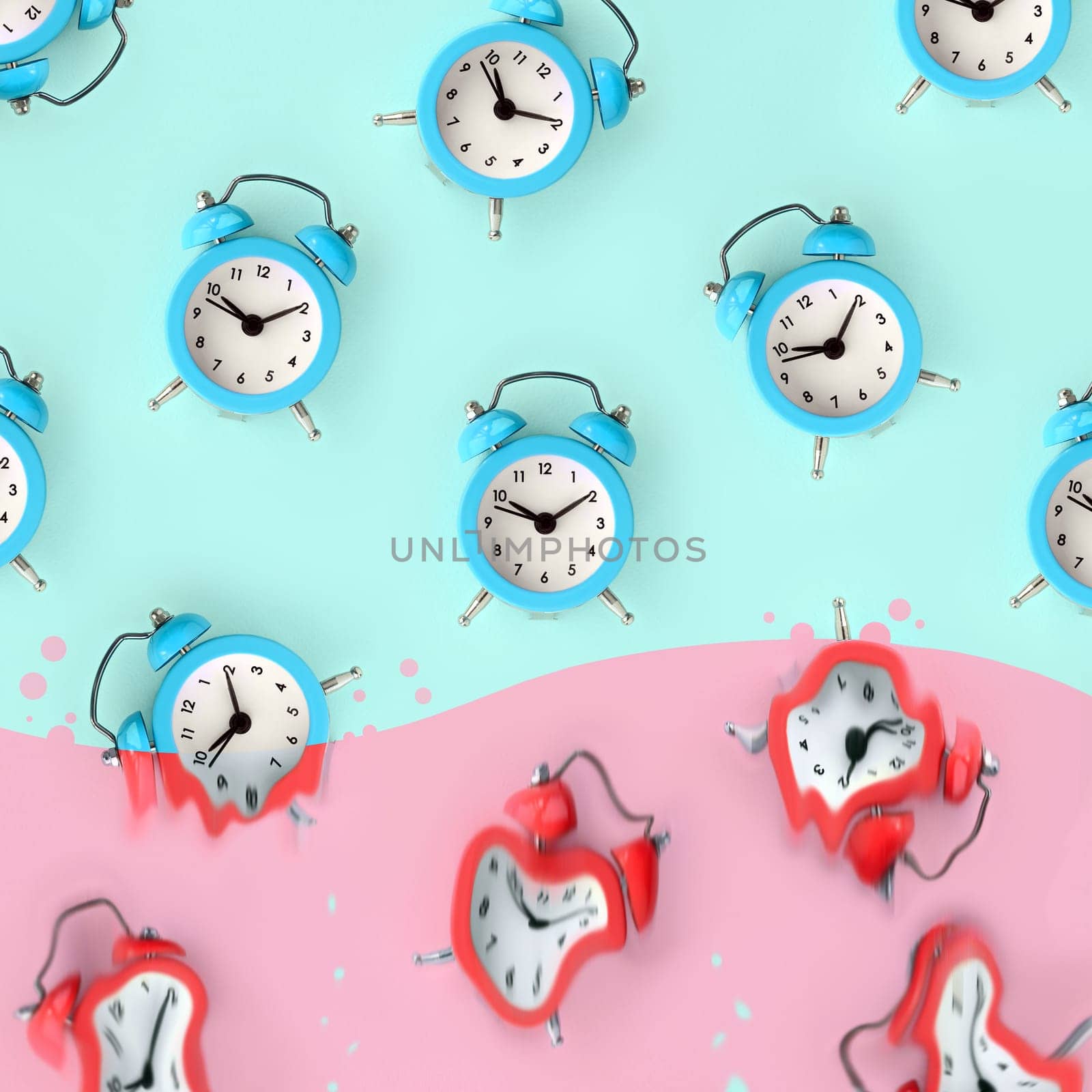 Time is running out concept shows blue alarm clocks that is dissolving down by melting in pastel pink liquid substance . Surreal style image