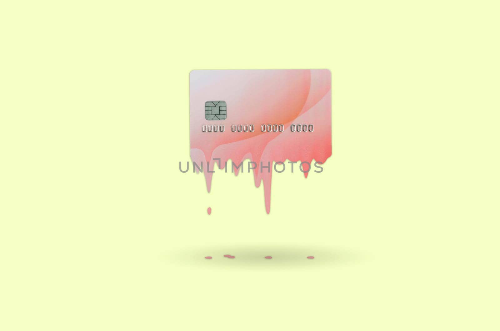 Card expires soon concept shows liquid credit card that is dissolving down by melting. Surreal style image. Pastel yellow background color
