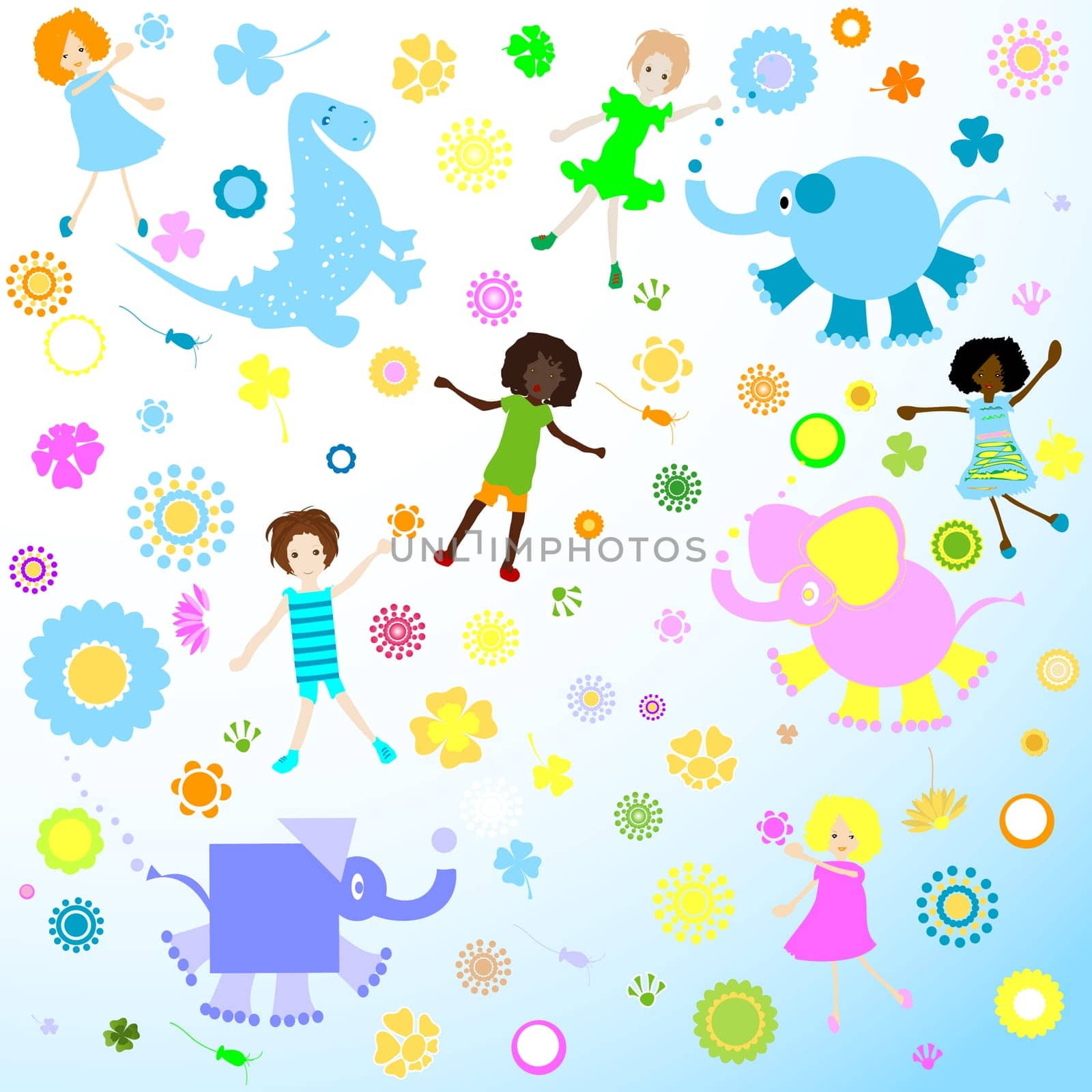 kids background  seamless pattern with children and colorful flowers