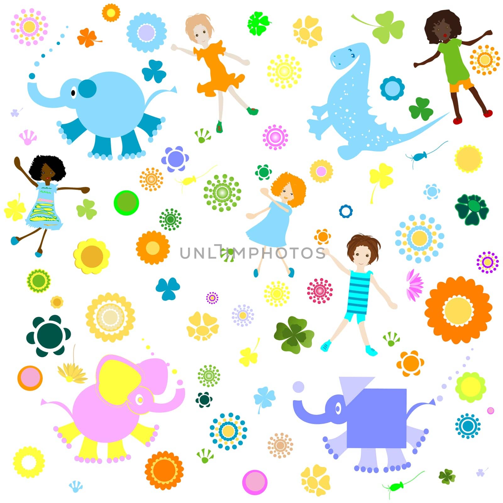 kids background  seamless pattern with children and colorful flowers