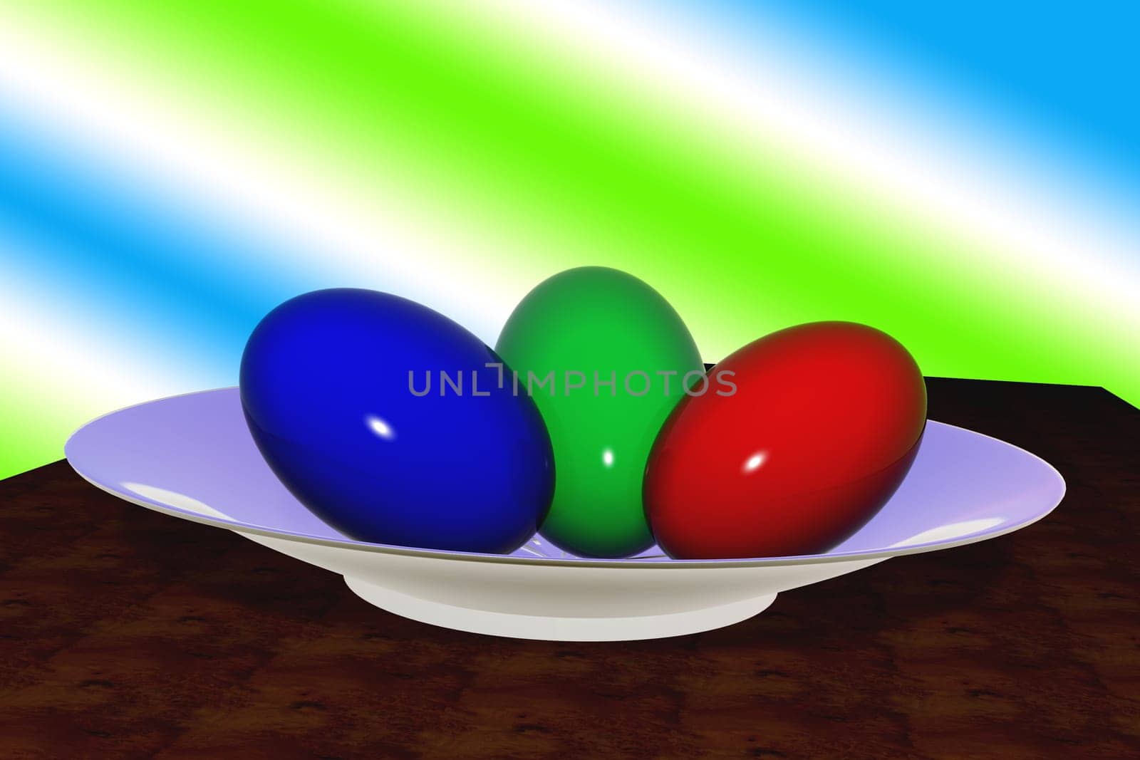 Multi-coloured eggs on a porcelain plate, on a multi-coloured background. An easter picture.