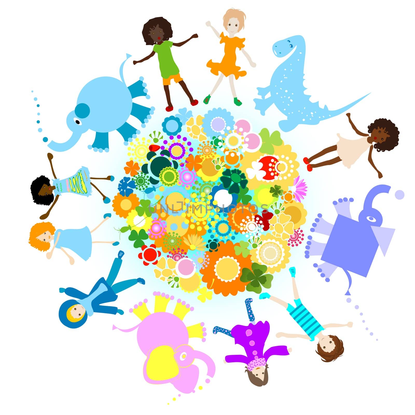 kids and planet  joyful illustration with planet earth, happy children and colorful flowers