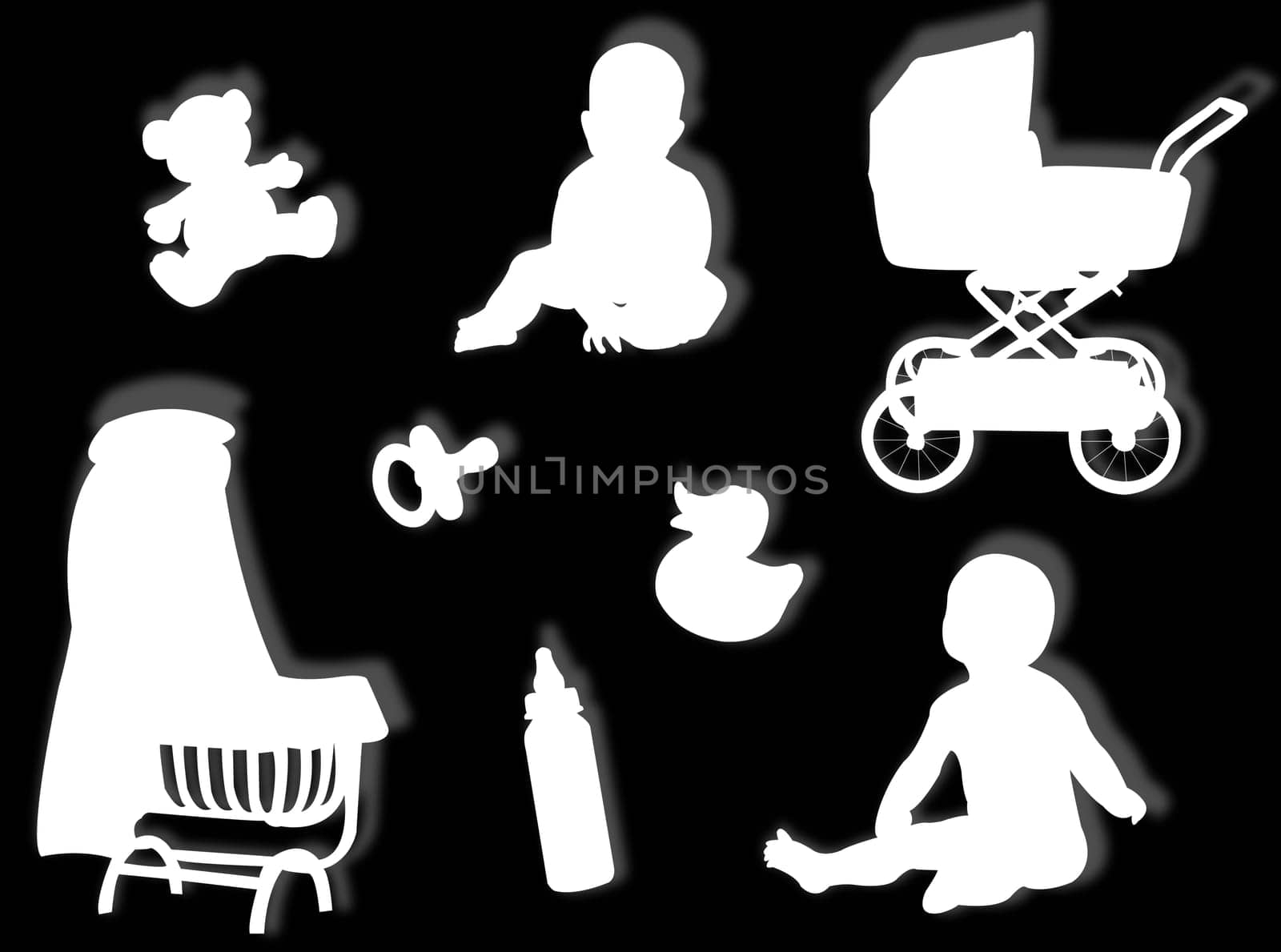 Baby silhouettes with baby objects and game silhouettes