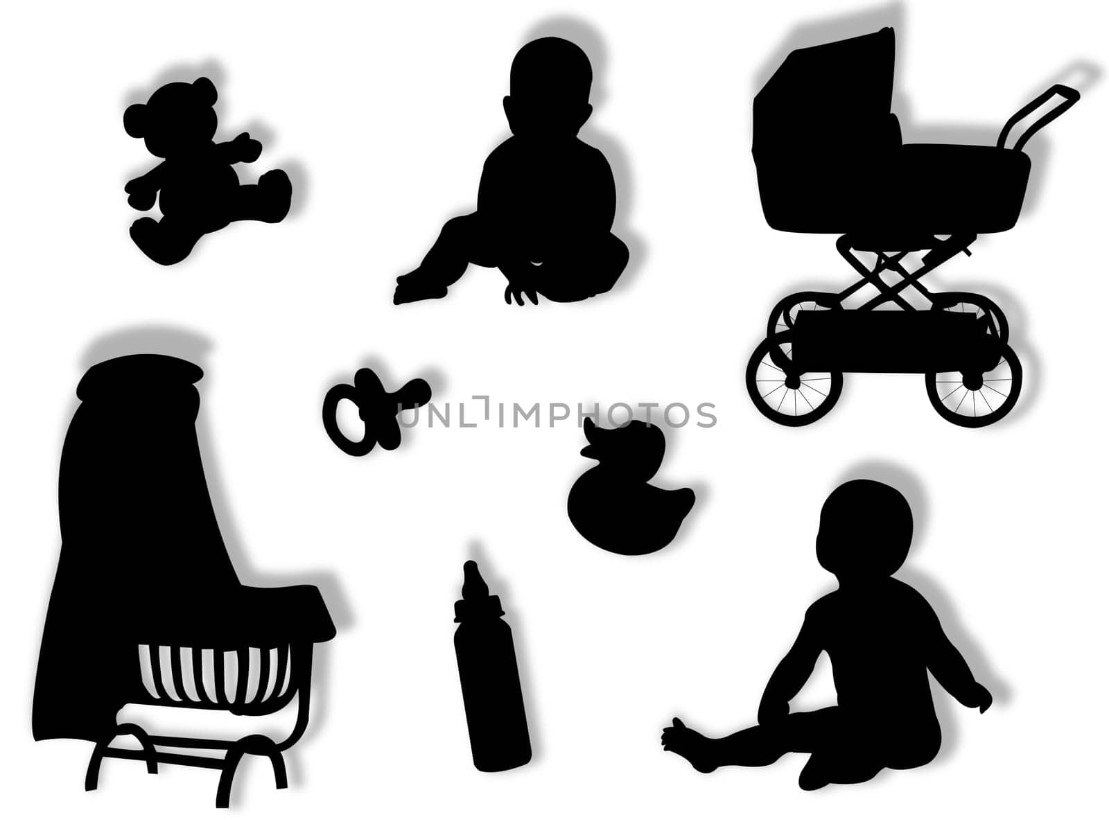 Baby silhouettes with baby objects and game silhouettes