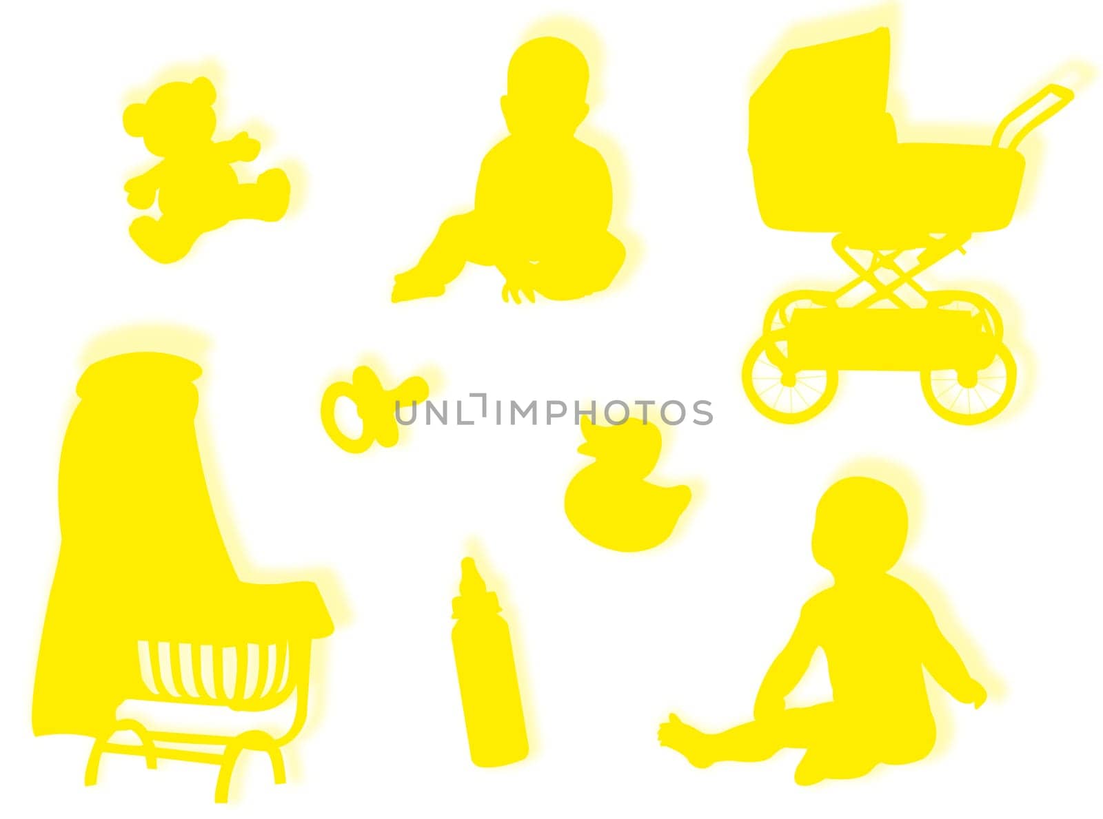 Baby silhouettes with baby objects and game silhouettes