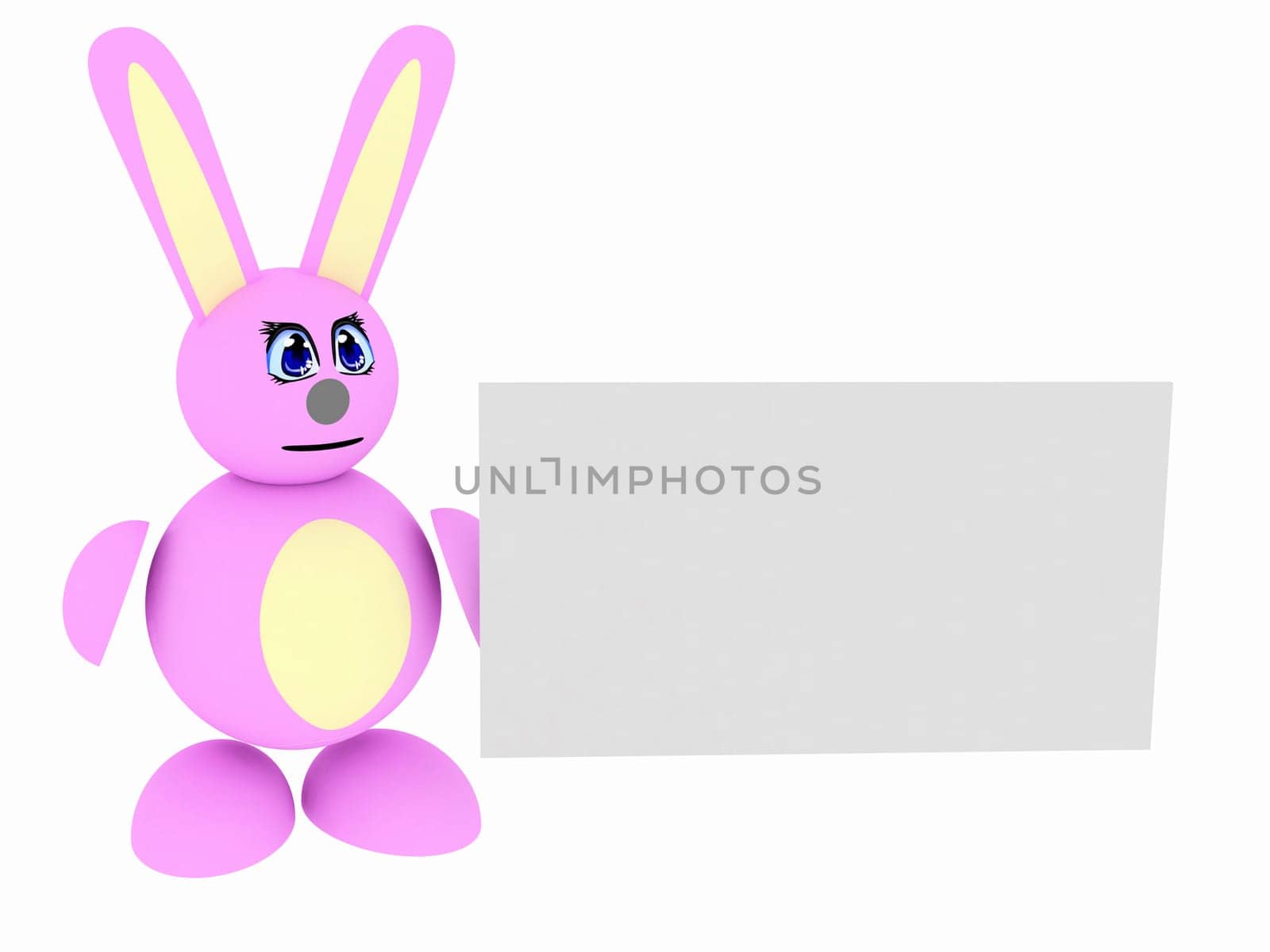 3d render of pink bunny with blank card. Isolated on white background.
