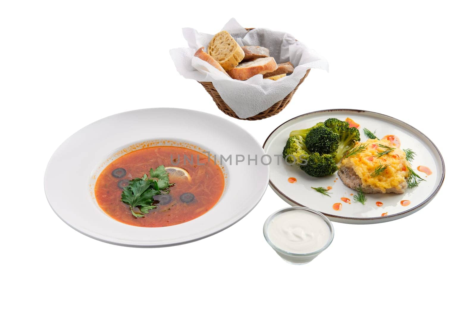 Traditional solyanka sour soup isolated on white background