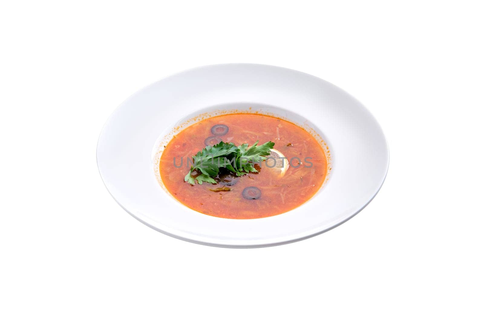 Traditional solyanka sour soup isolated on white background