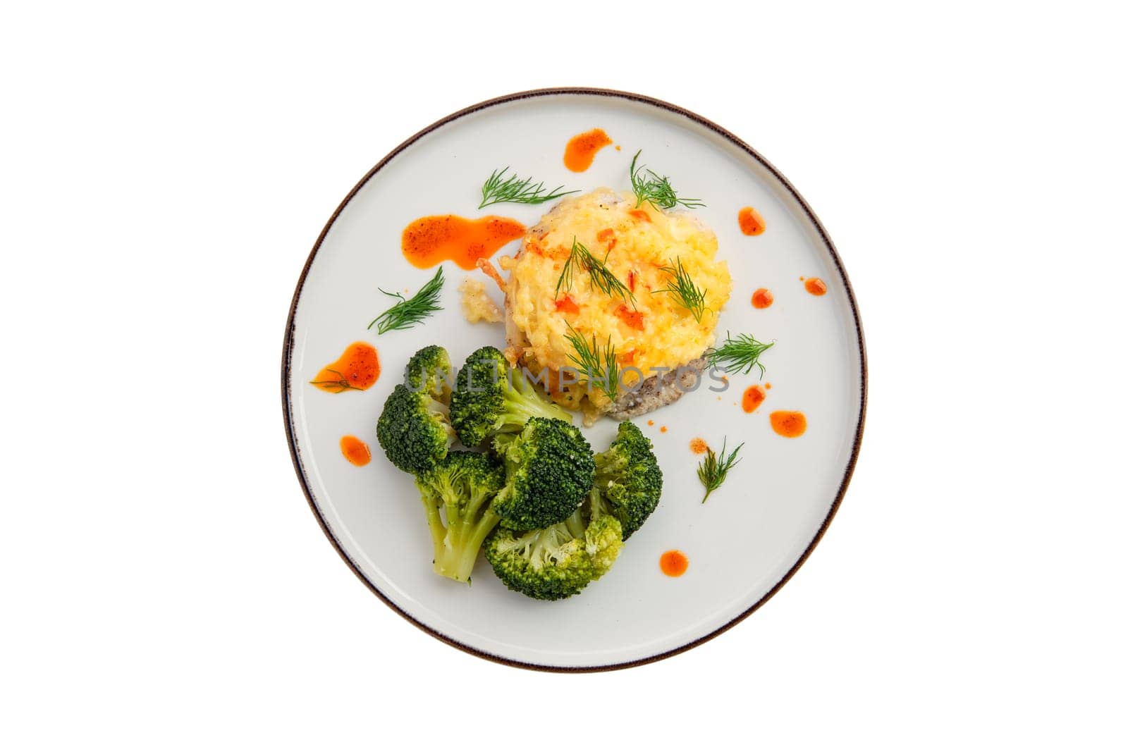 Chopped meat baked with cheese and broccoli isolated on white