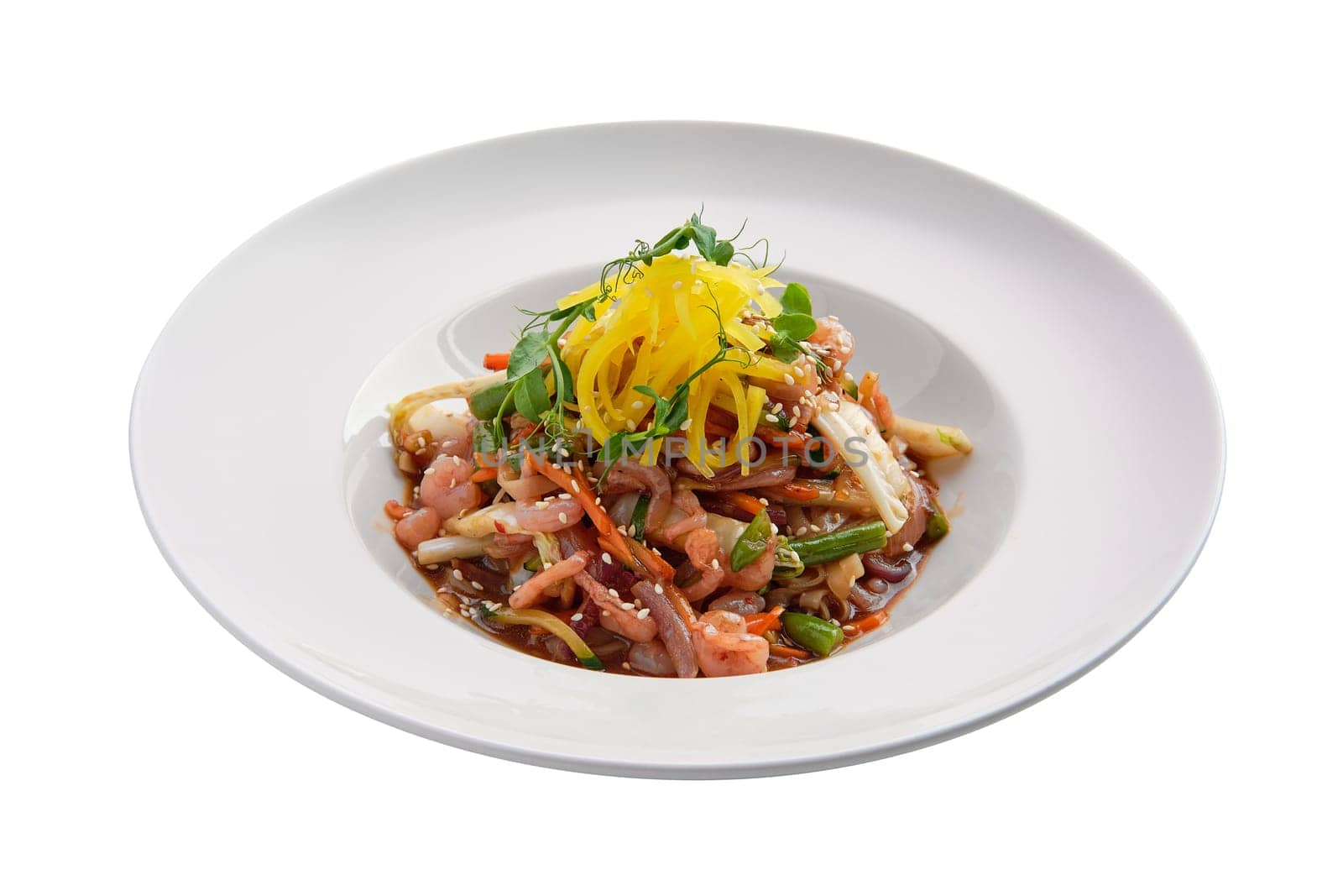 Wok with shrimps and green beans isolated on white background