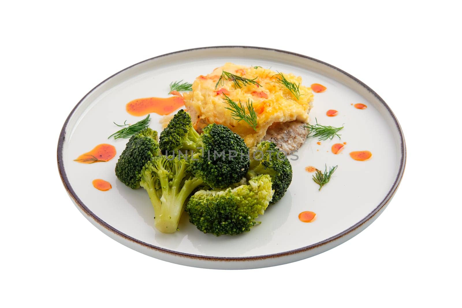 Chopped meat baked with cheese and broccoli isolated on white