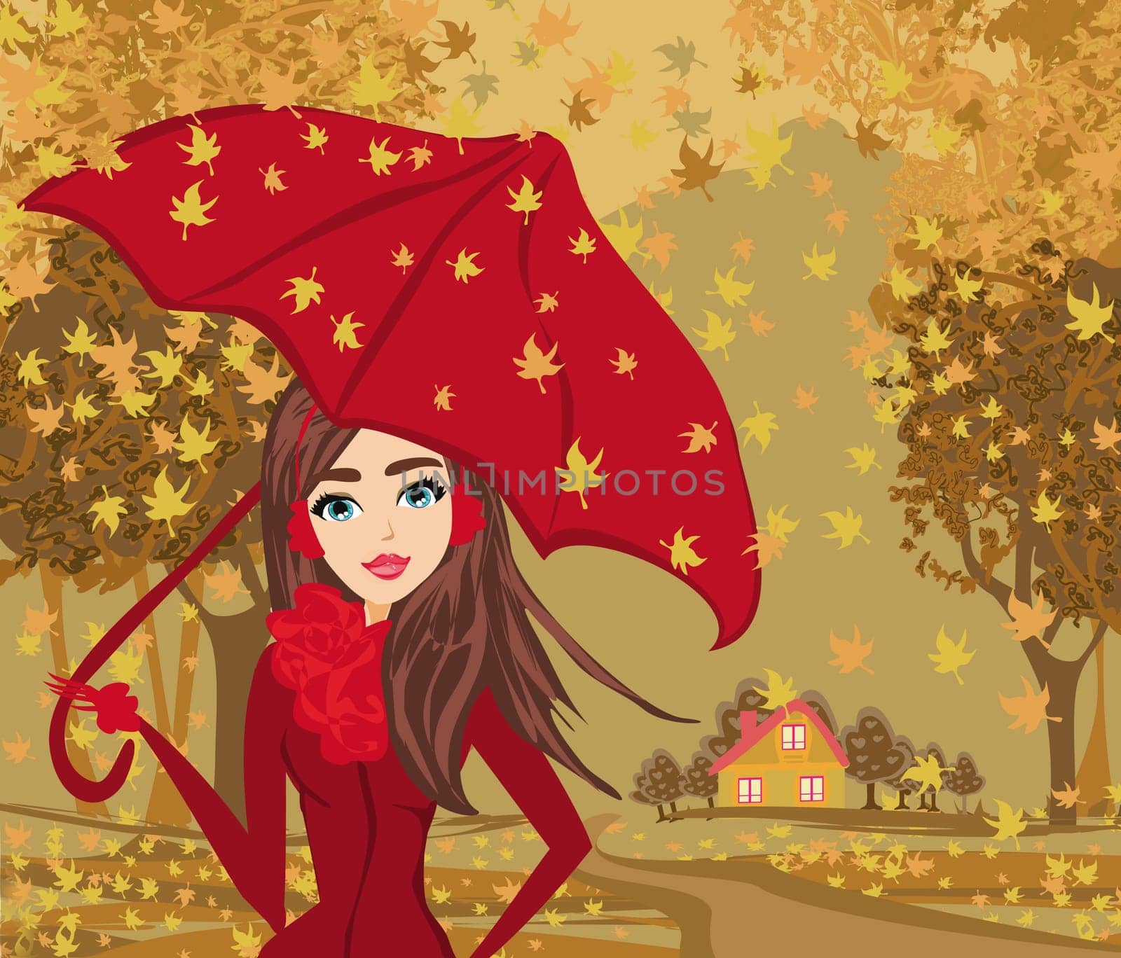 pretty woman with umbrella, beautiful autumn landscape