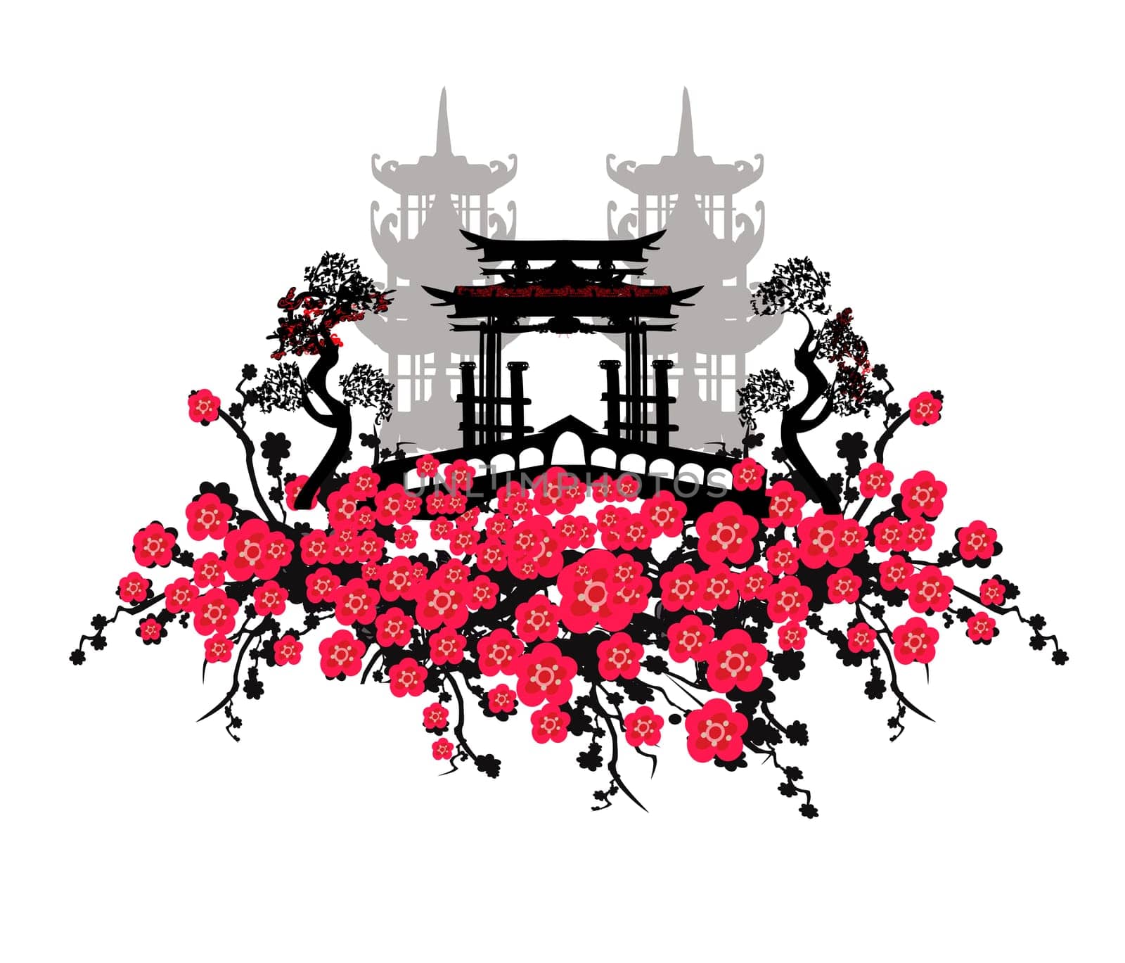 Japanese city with traditional architecture - beautiful decorative banner with  buildings and cherry blossoms