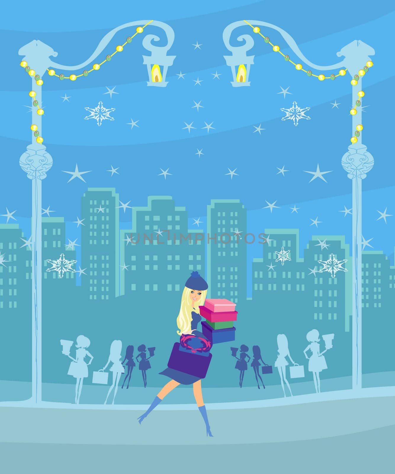 winter sale card with a group of people on their holiday shopping