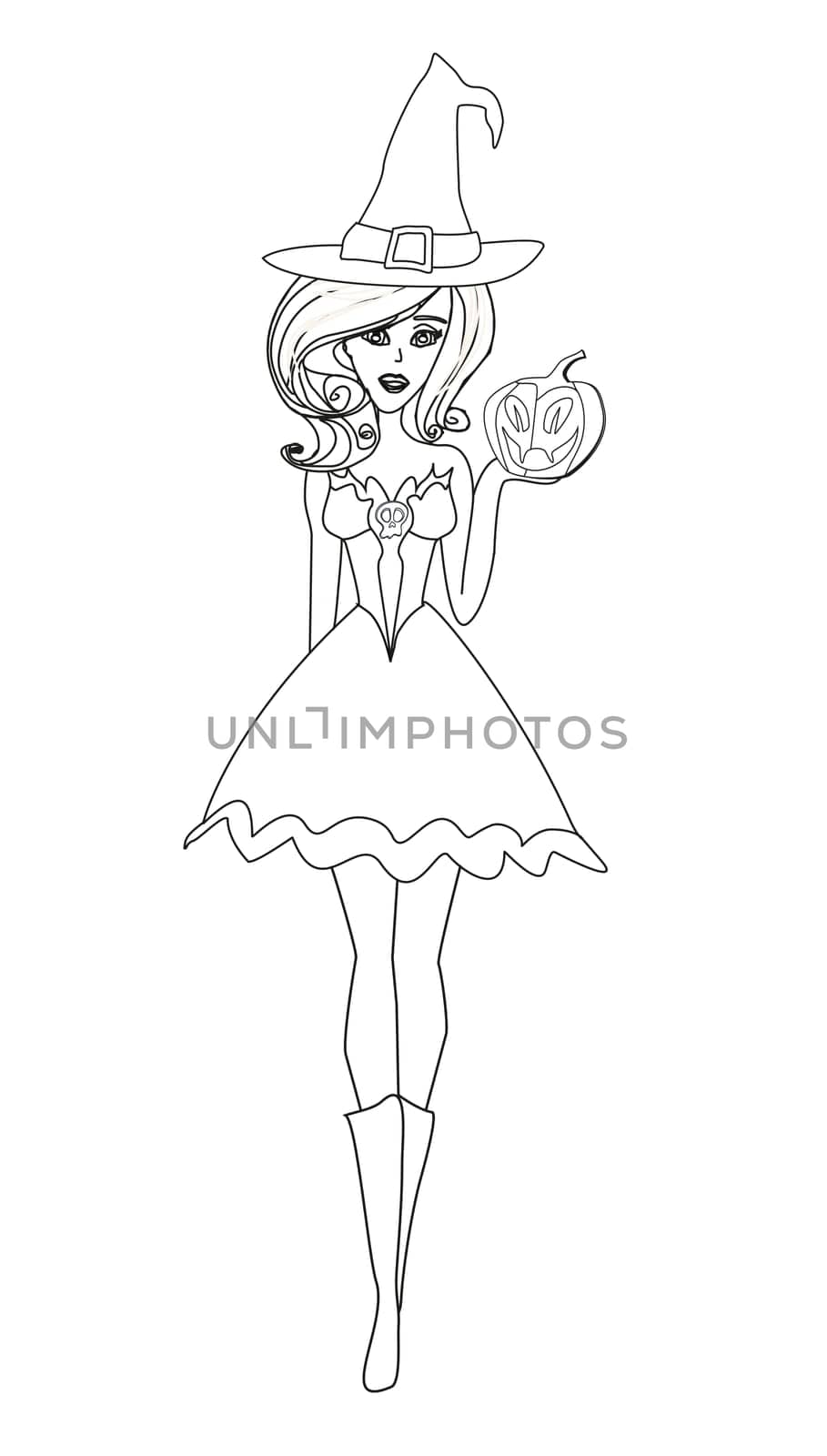 coloring book of beautiful sexy witch with Halloween pumpkin