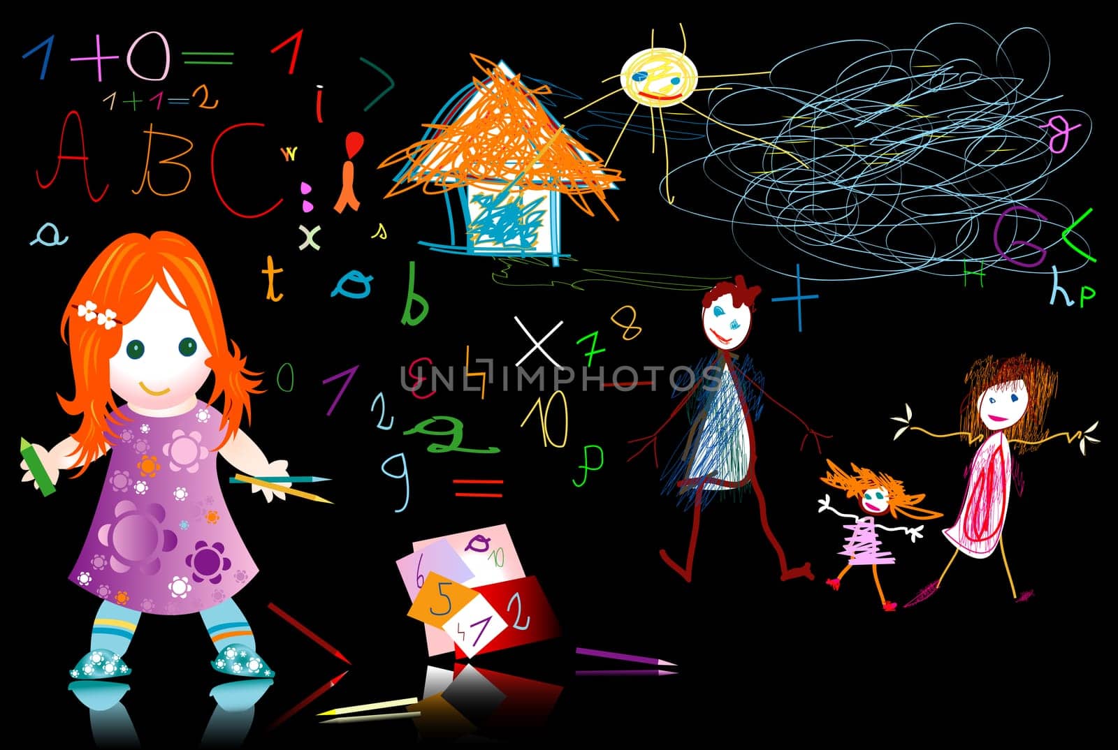 education  child at school writing and drawing