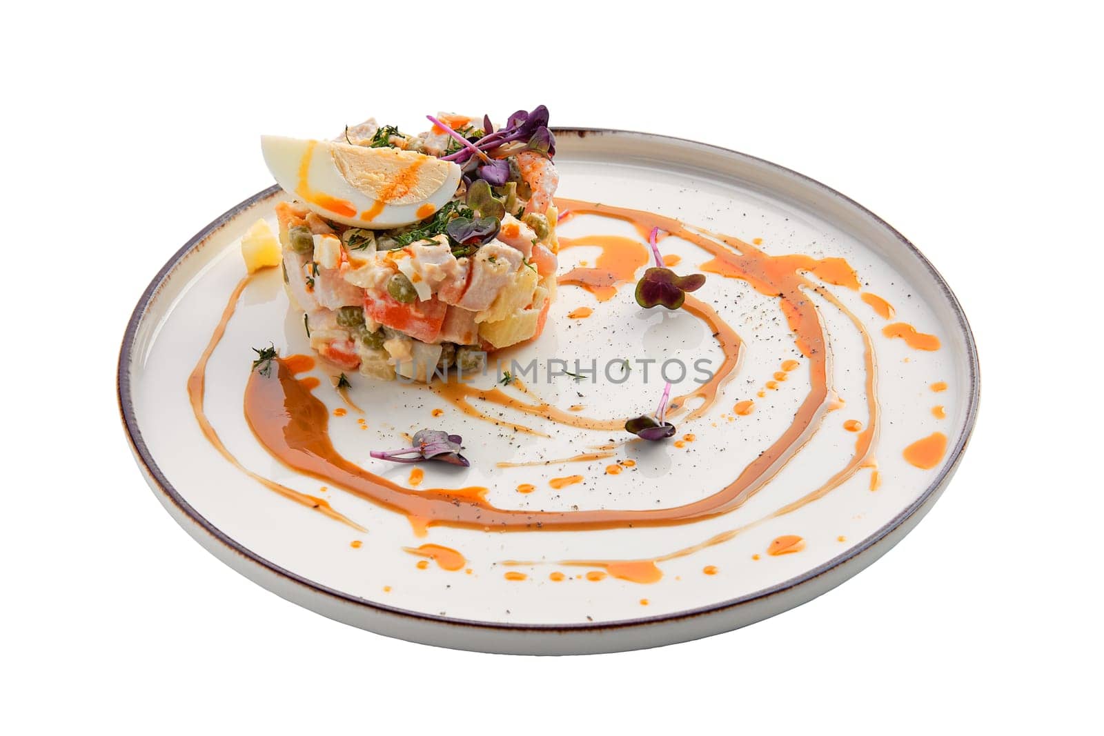Salad olivier with egg isolated on white background