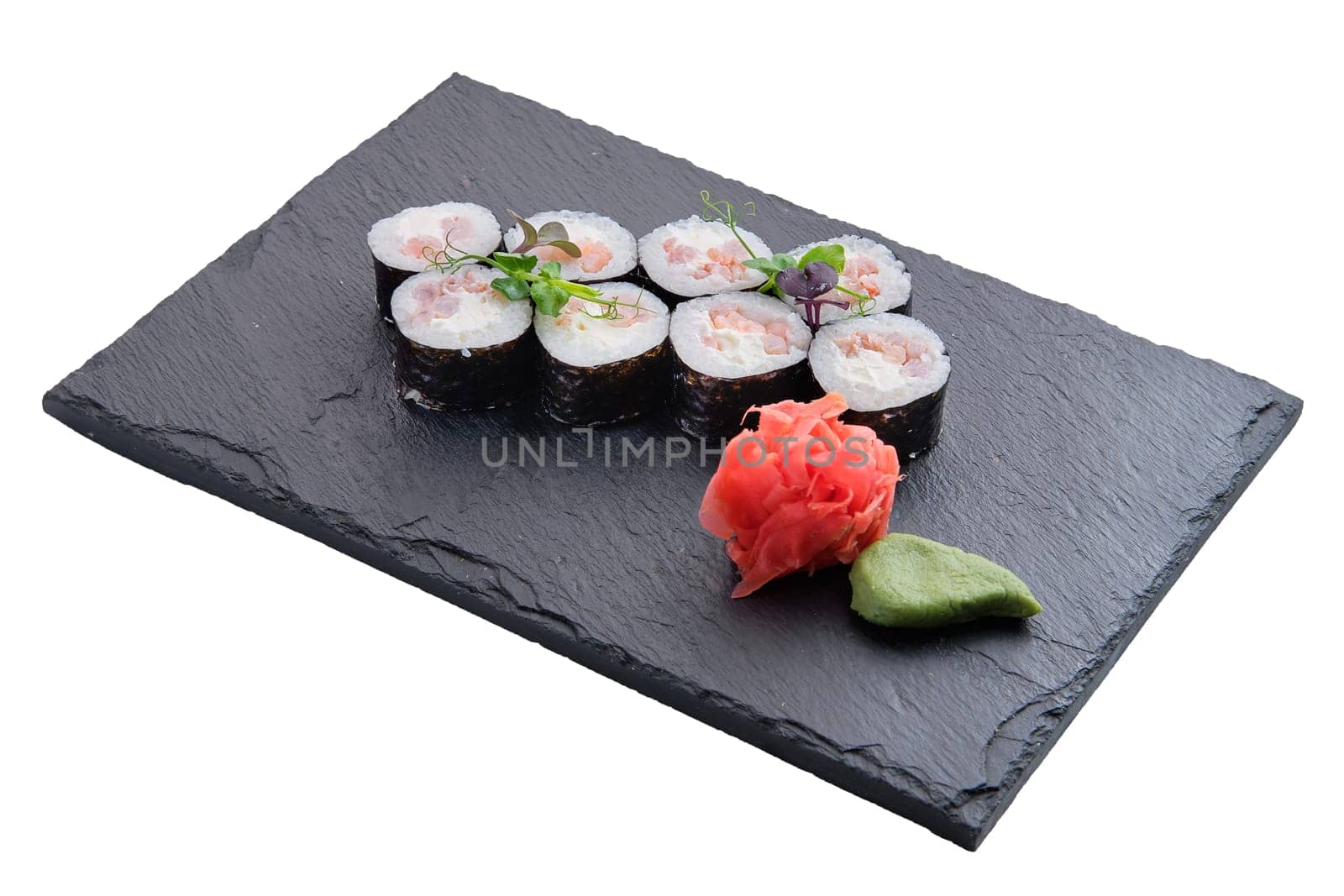 Rolls with shrimps and soft sheese isolated on white background