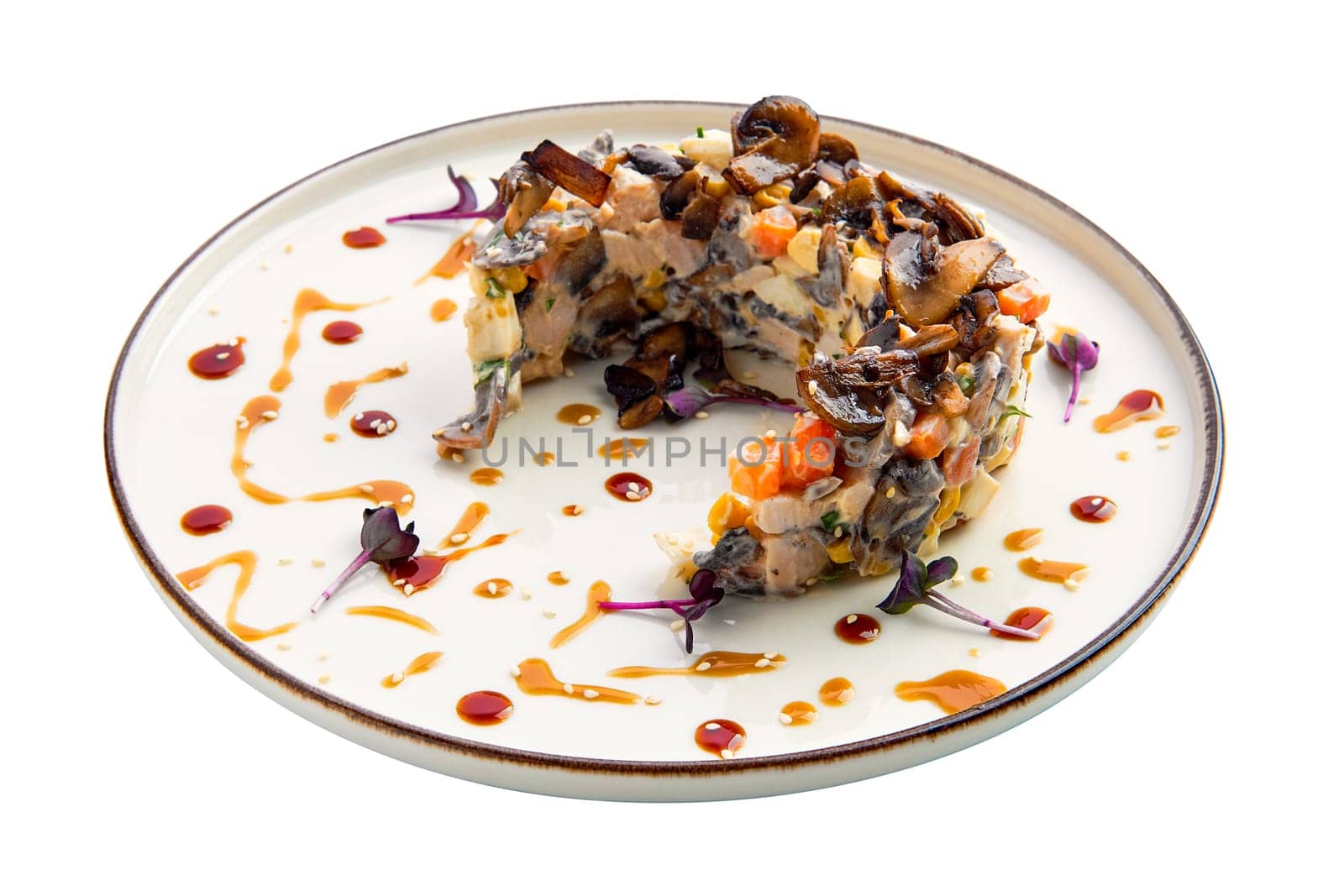 Salad with mushrooms, carrot, potato and onion isolated on white background