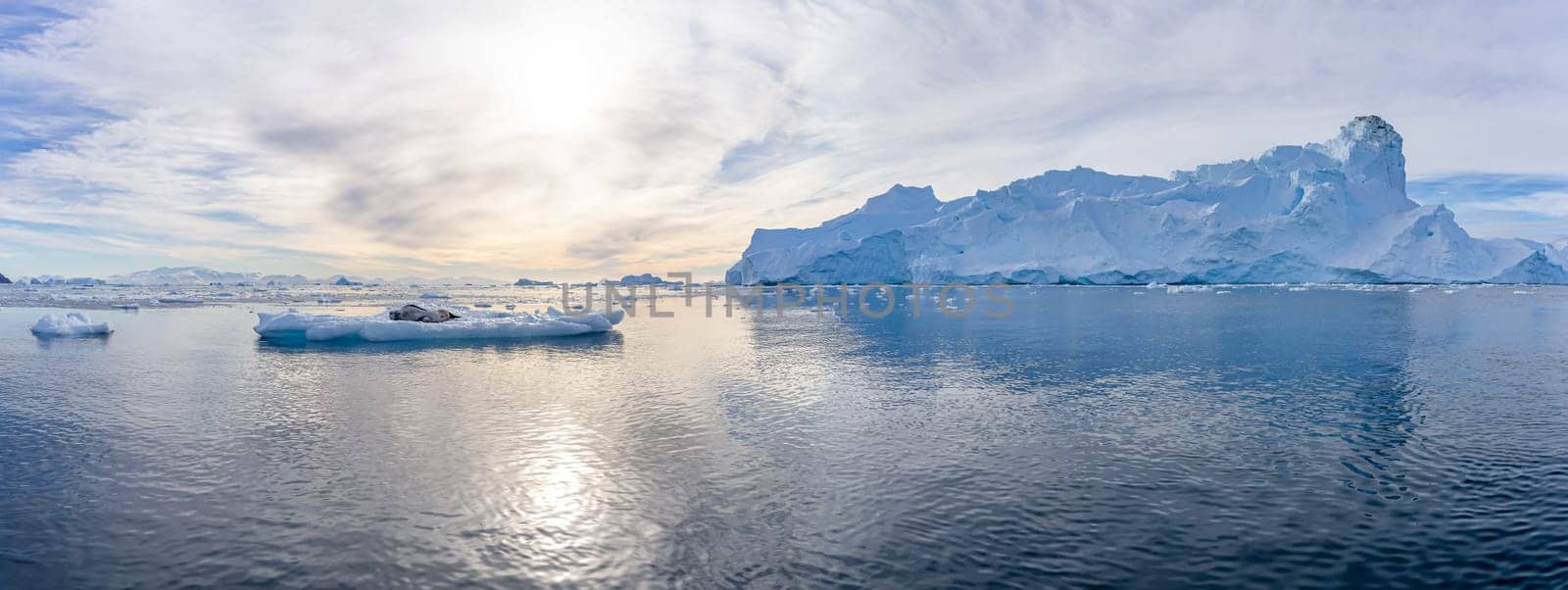 Antarctic iceberg landscape in Cierva Cove - a deep inlet on the west side of the Antarctic Peninsula, surrounded by rugged mountains and dramatic glacier fronts.