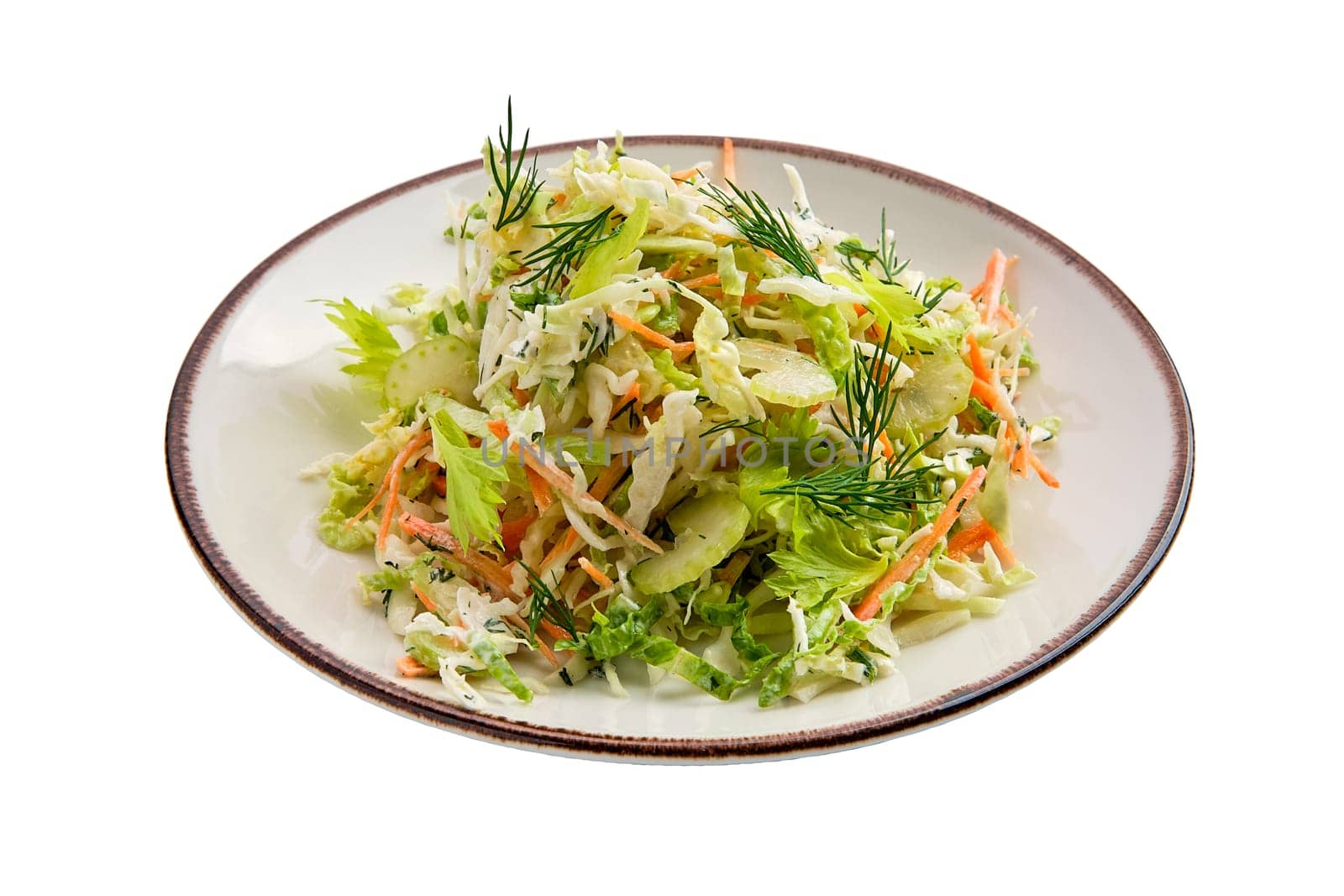 Salad with fresh cabbage, carrot and celery isolated on white background