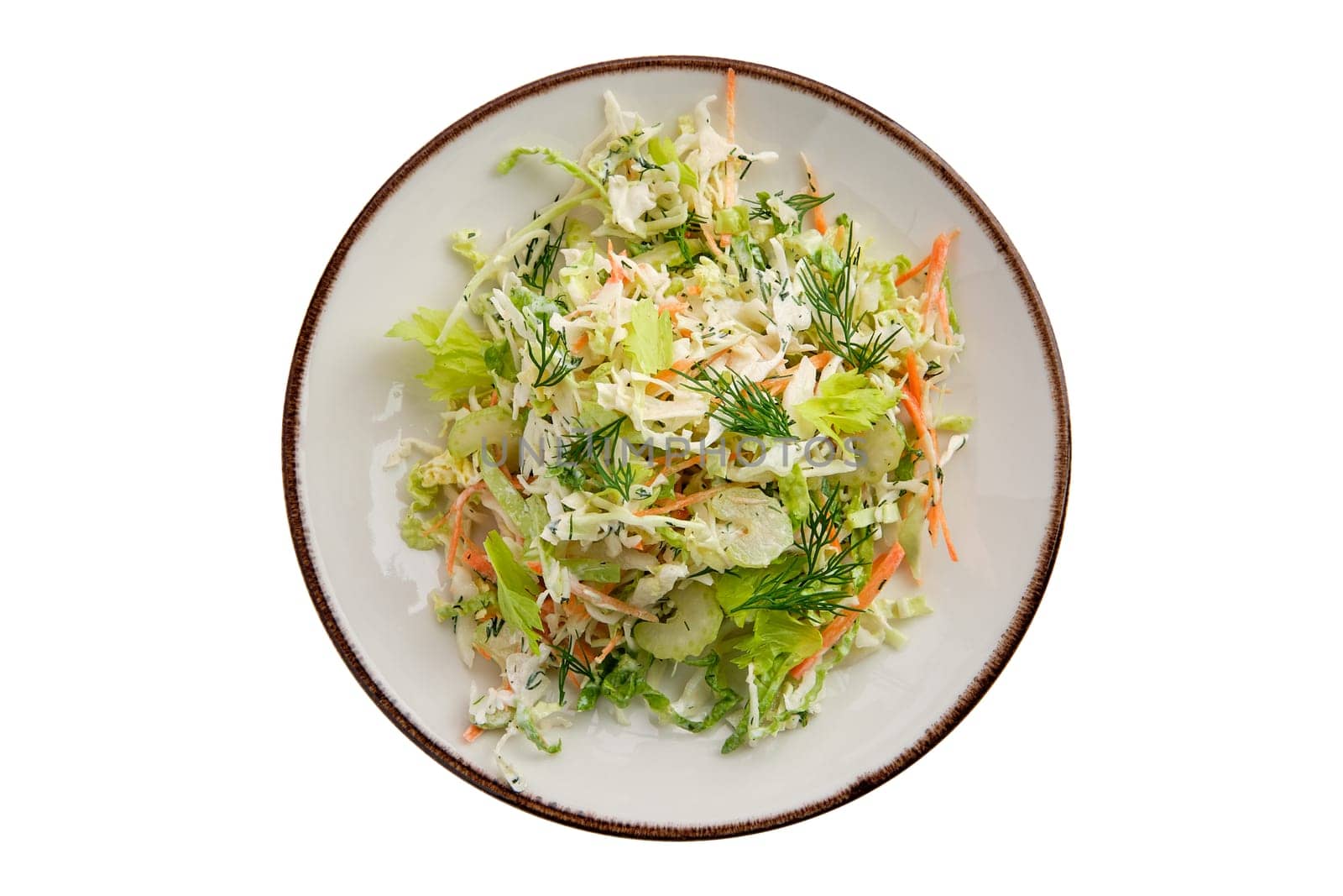 Salad with fresh cabbage, carrot and celery isolated on white background