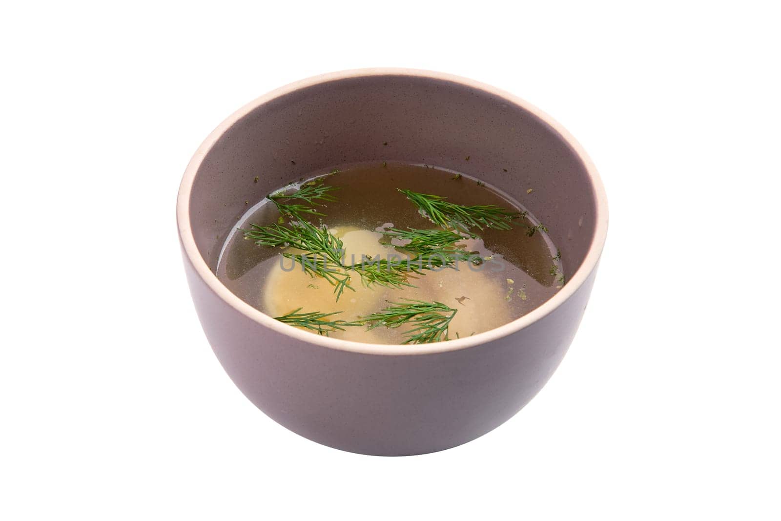 Chicken bouillon with egg isolated on white background
