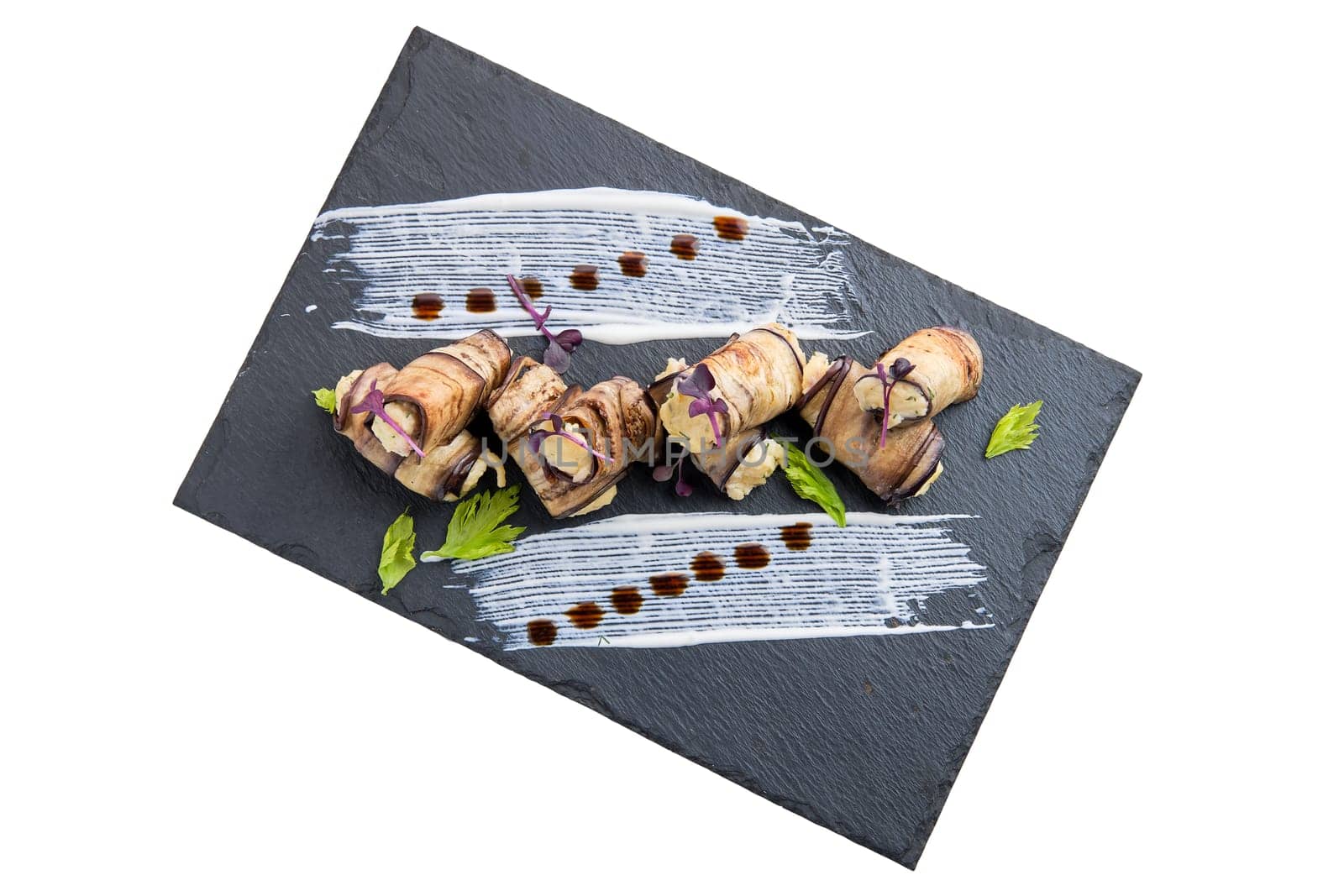 Eggplant stuffed with soft cheese and garlic isolated on white background