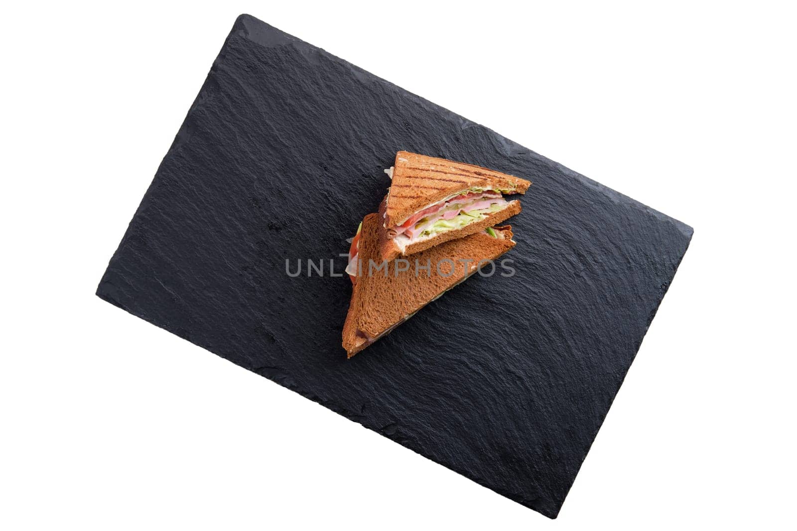 Club sandwich with roast beef, cheddar, cabbage and barbecue sauce isolated on white background