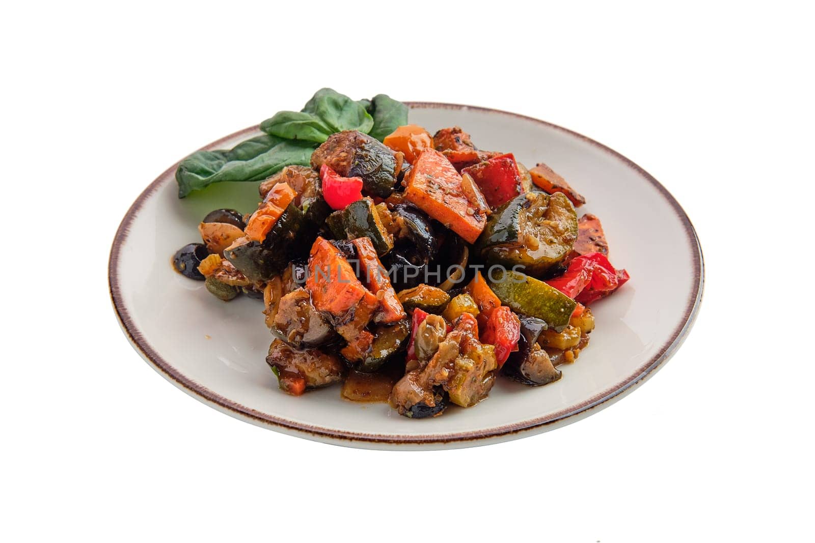 Plate with vegetable stew isolated on white background