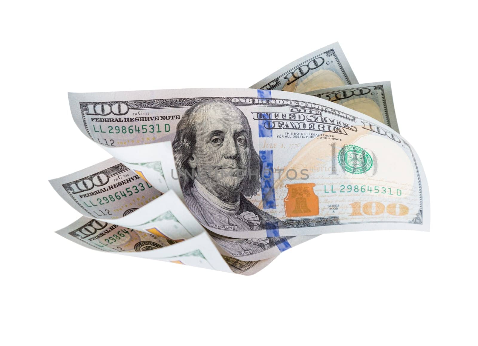 Three One Hundred Dollar Bills Floating or Falling Together on White Background.