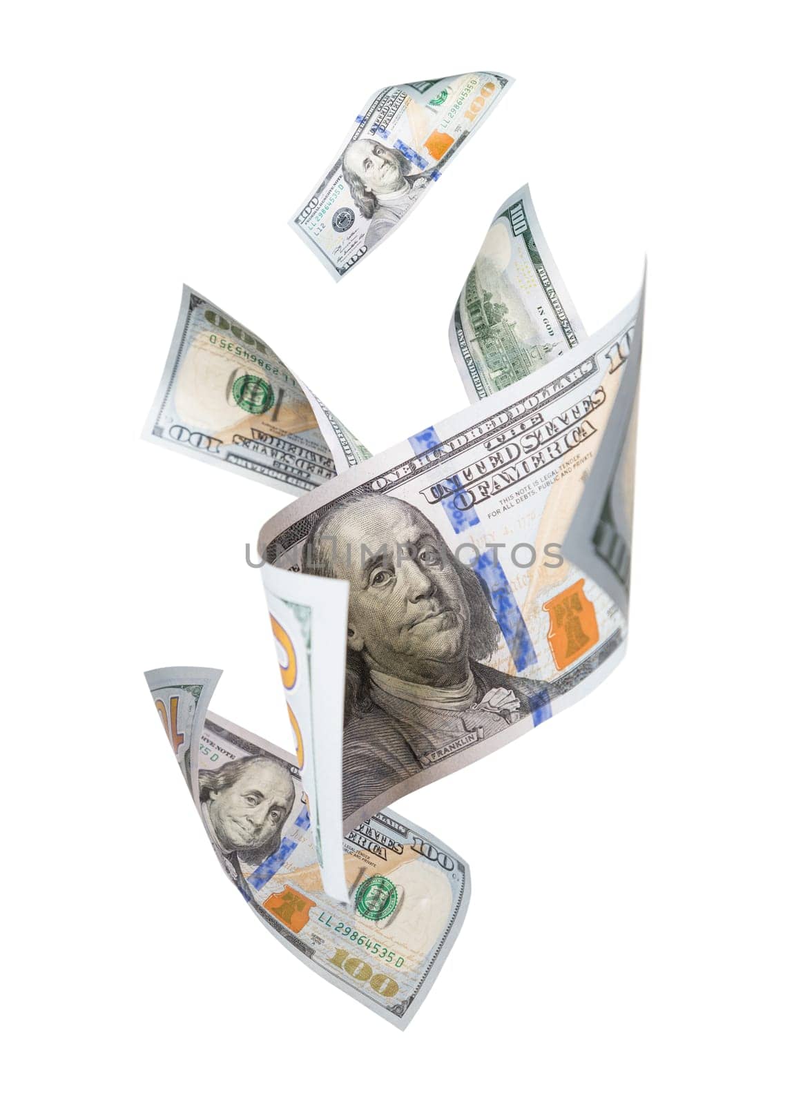 Falling or Floating One Hundred Dollar Bills on White Background.