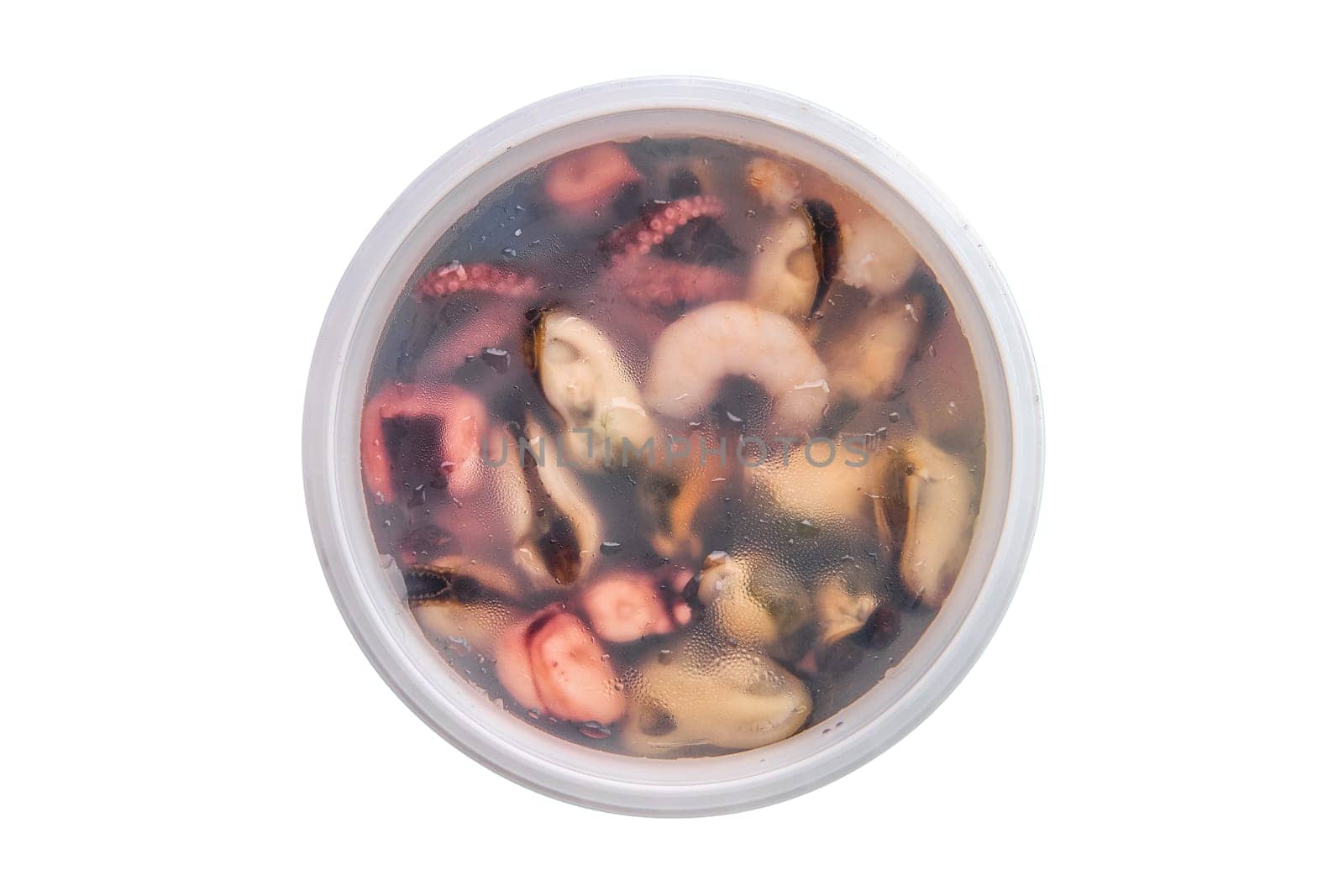 Top view of marinated octopus, shrimps and mussels isolated on white background