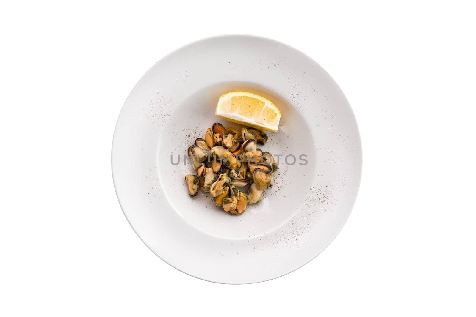 Marinated mussels and slice of lemon isoalted on white background