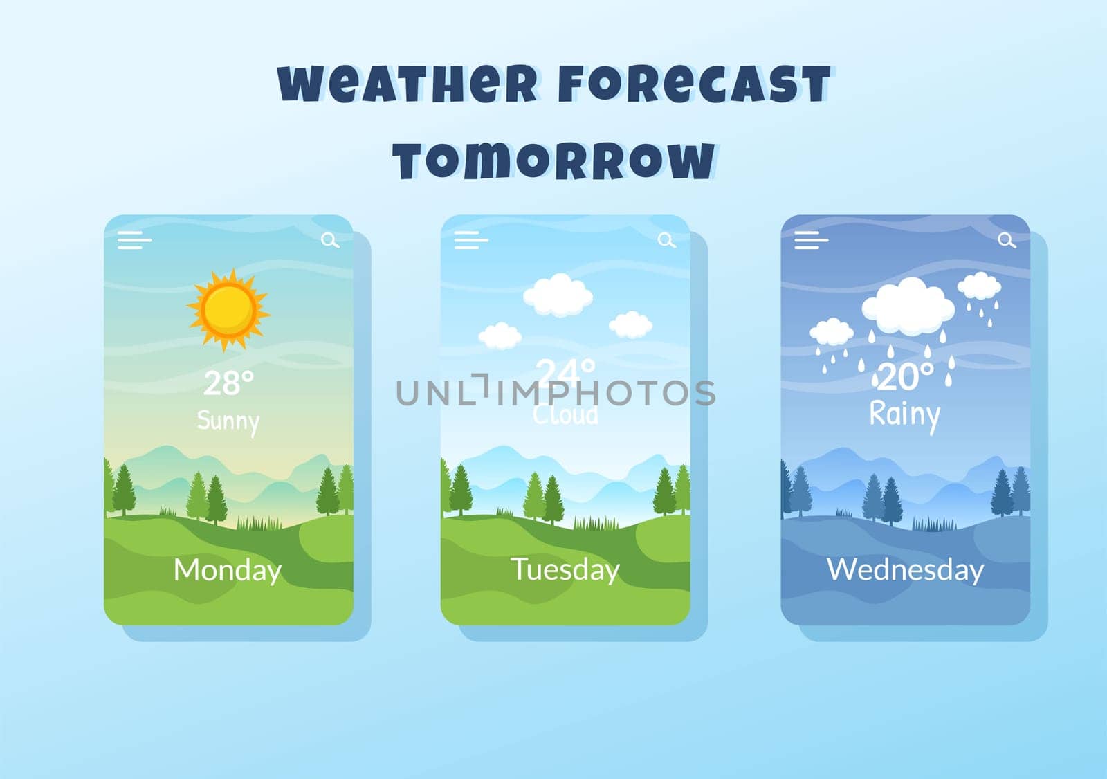 Types of Weather Conditions with Sunny, Cloudy, Windy, Rainy, Snow and Stormy in Template Hand Drawn Cartoon Flat Illustration