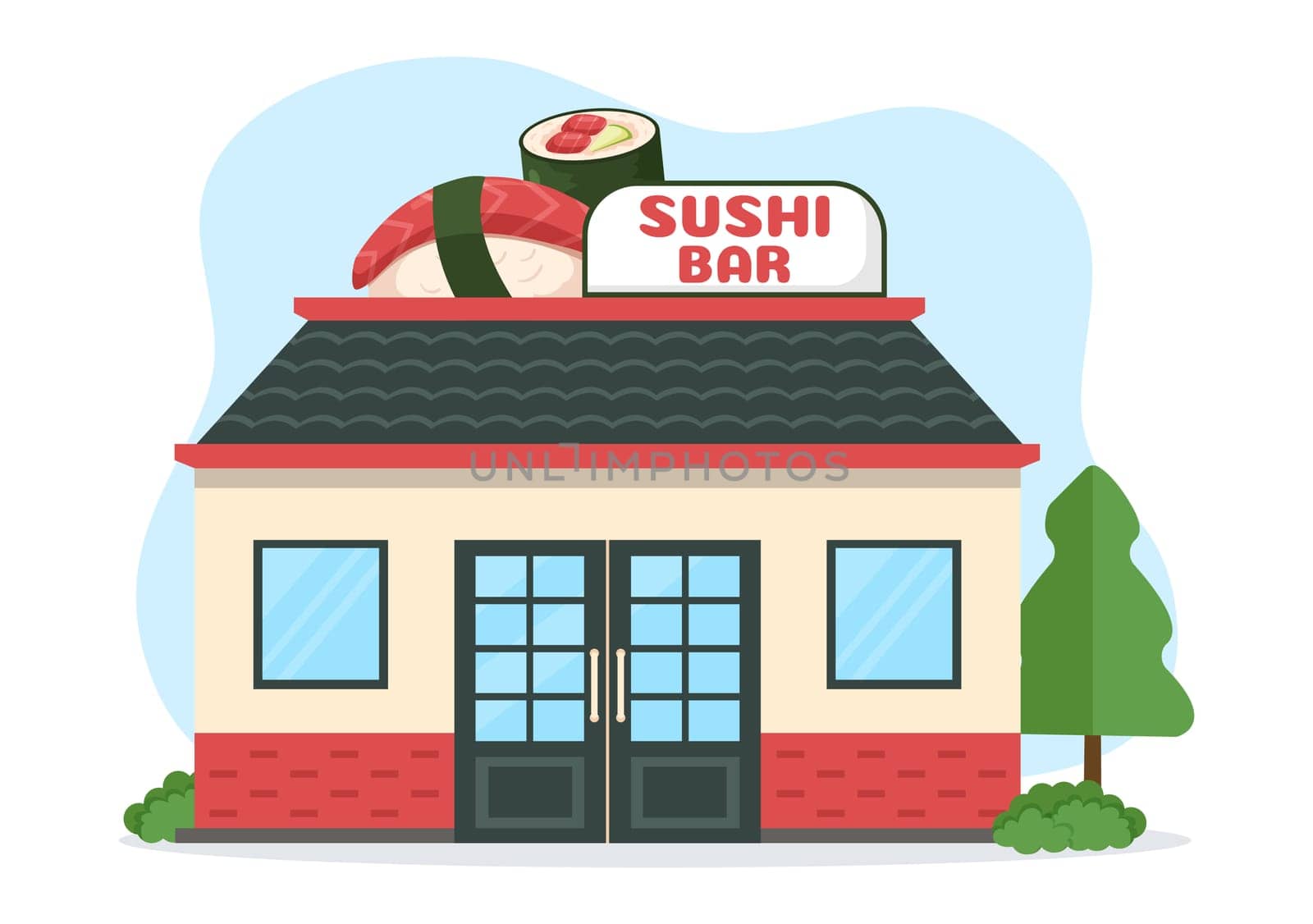 Sushi Bar Japan Asian Food or Restaurant of Sashimi and Rolls for Eating with Soy Sauce and Wasabi in Template Hand Drawn Cartoon Flat Illustration