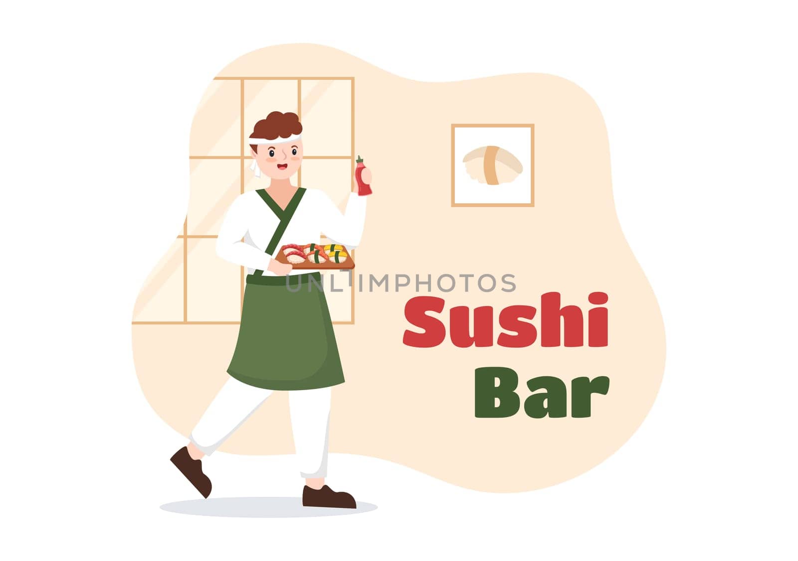 Sushi Bar Japan Asian Food or Restaurant of Sashimi and Rolls for Eating with Soy Sauce and Wasabi in Template Hand Drawn Cartoon Flat Illustration