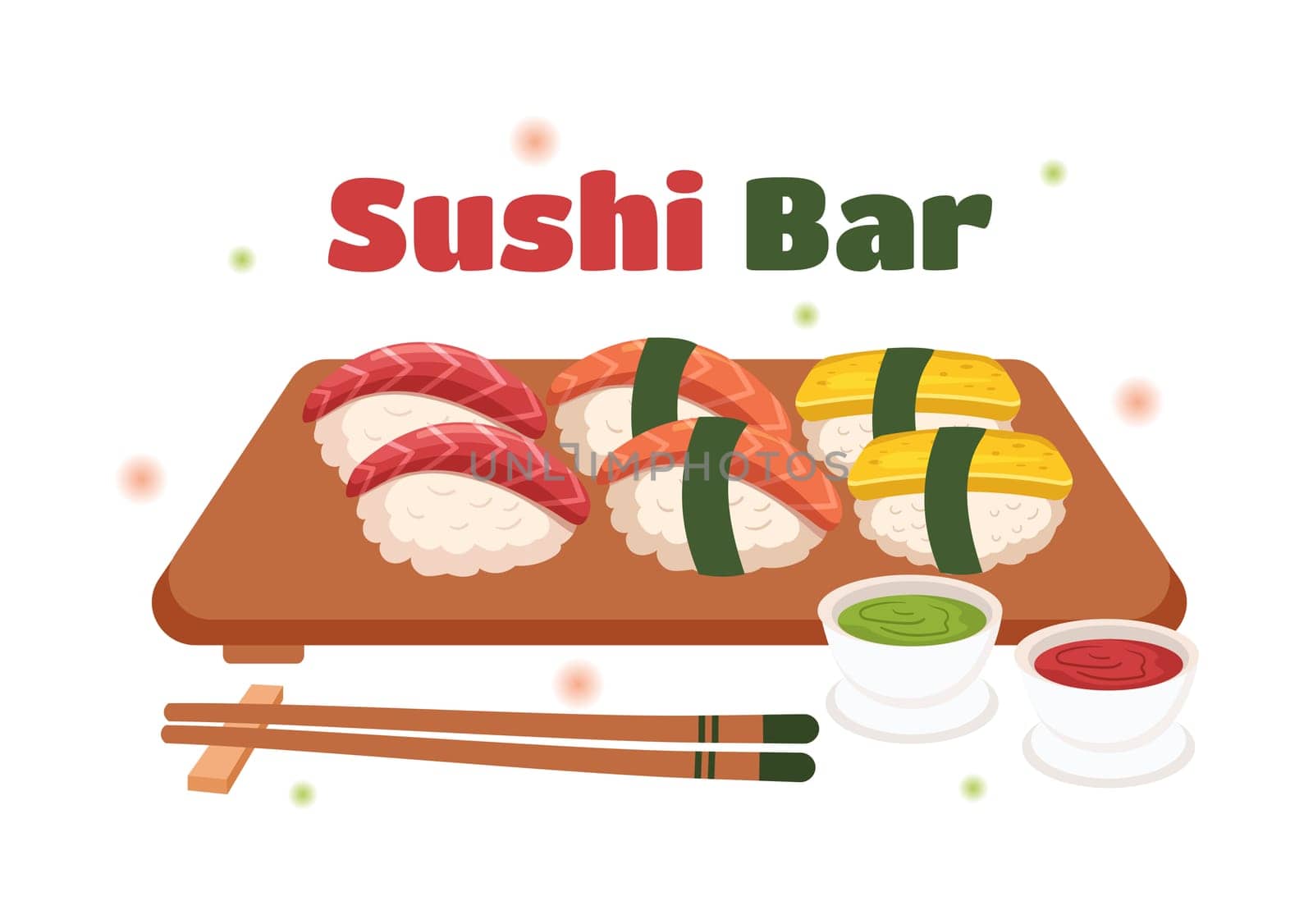 Sushi Bar Japan Asian Food or Restaurant of Sashimi and Rolls for Eating with Soy Sauce and Wasabi in Template Hand Drawn Cartoon Flat Illustration