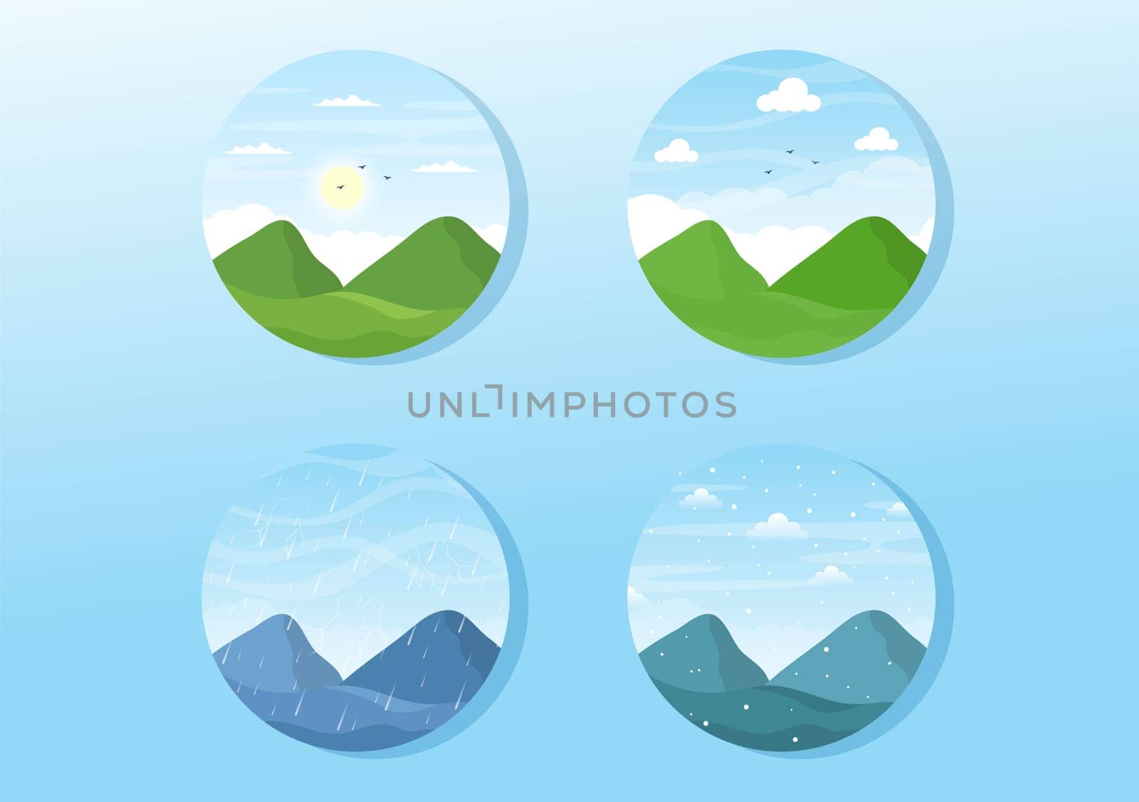 Types of Weather Conditions with Sunny, Cloudy, Windy, Rainy, Snow and Stormy in Template Hand Drawn Cartoon Flat Illustration